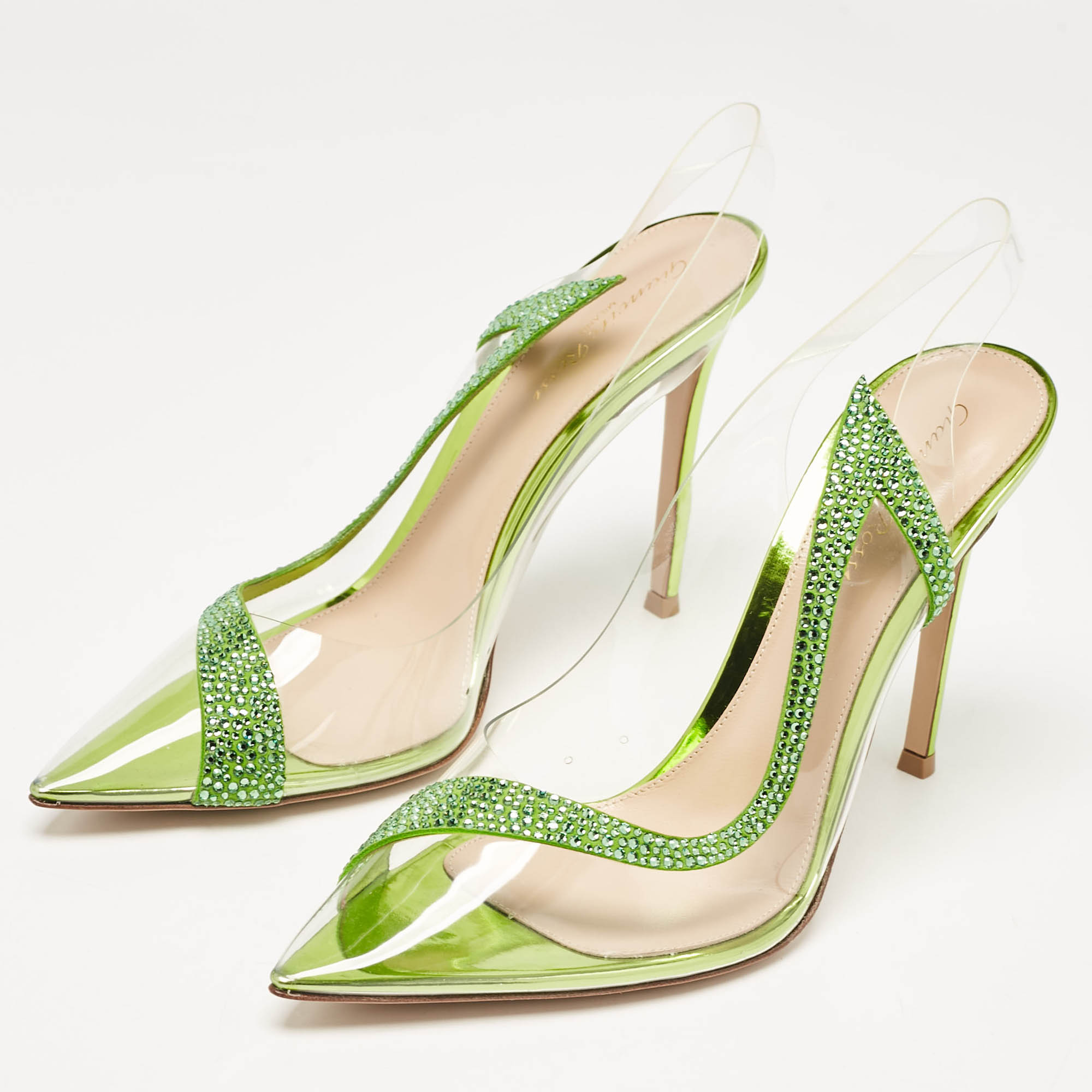 Gianvito Rossi Transparent/Green PVC And Suede Embellished Hortensia Pumps Size 38