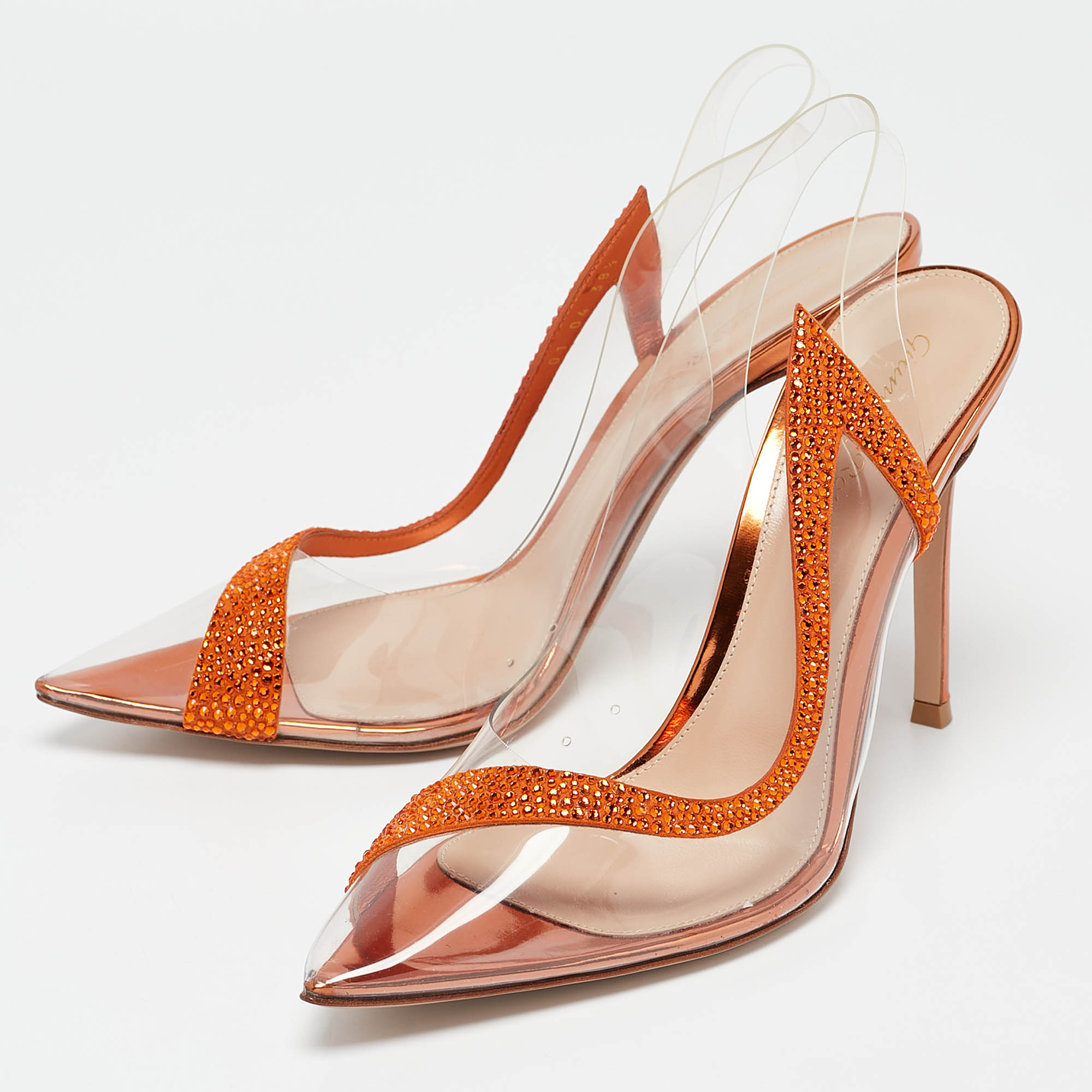 Gianvito Rossi Transparent/Orange PVC And Suede Embellished Hortensia Pumps Size 38.5