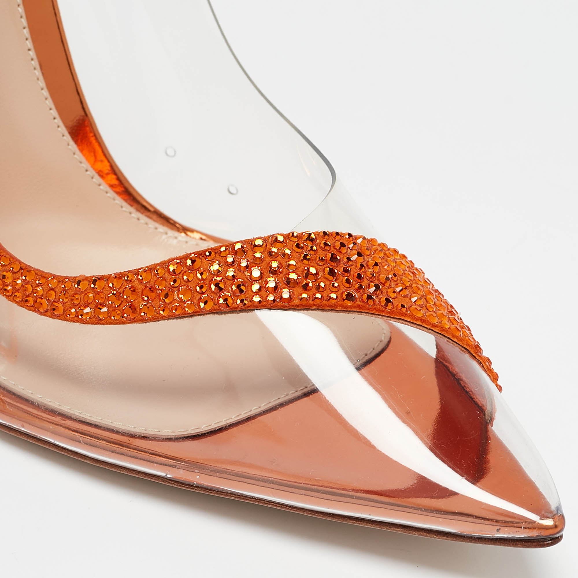 Gianvito Rossi Transparent/Orange PVC And Suede Embellished Hortensia Pumps Size 38.5