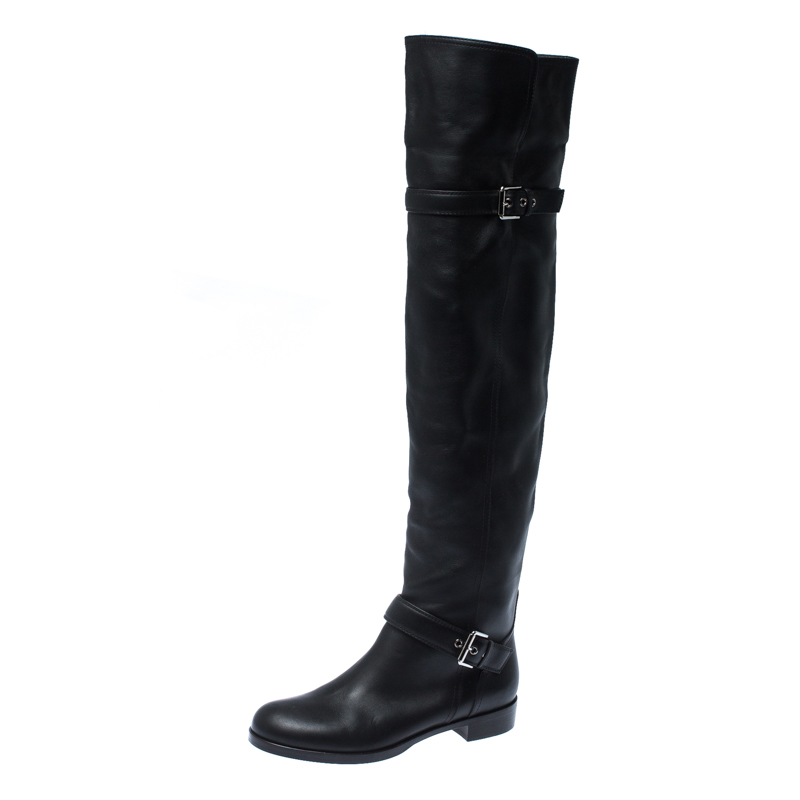 Image of Gianvito Rossi Black Leather Buckle Detail Over The Knee Boots Size .