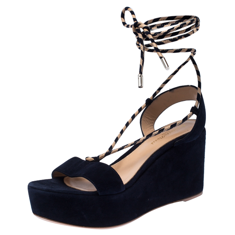Image of Gianvito Rossi Blue Suede Wedge Platform Ankle Wrap Sandals Size