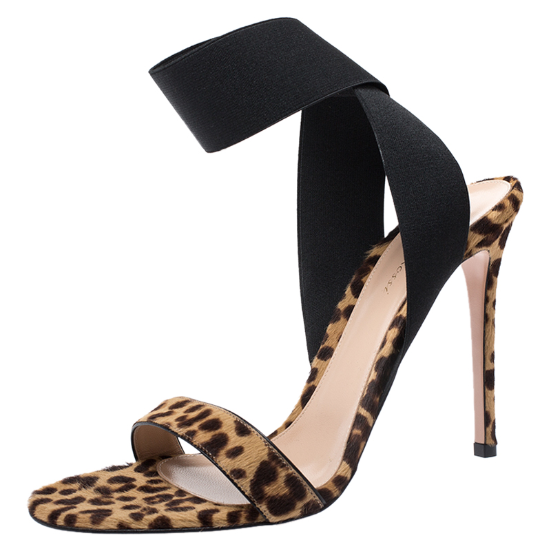 Image of Gianvito Rossi Brown/Black Leopard Print Calf Hair And Elastic Fabric Ankle Wrap Sandals Size