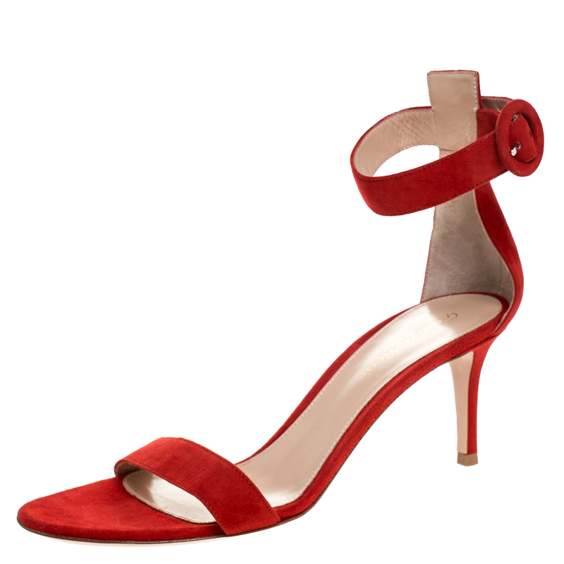 Image of Gianvito Rossi Red Suede Portofino Ankle Strap Sandals Size