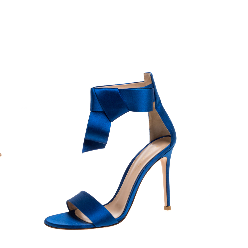 Image of Gianvito Rossi Blue Satin Ankle Cuff Sandals Size .