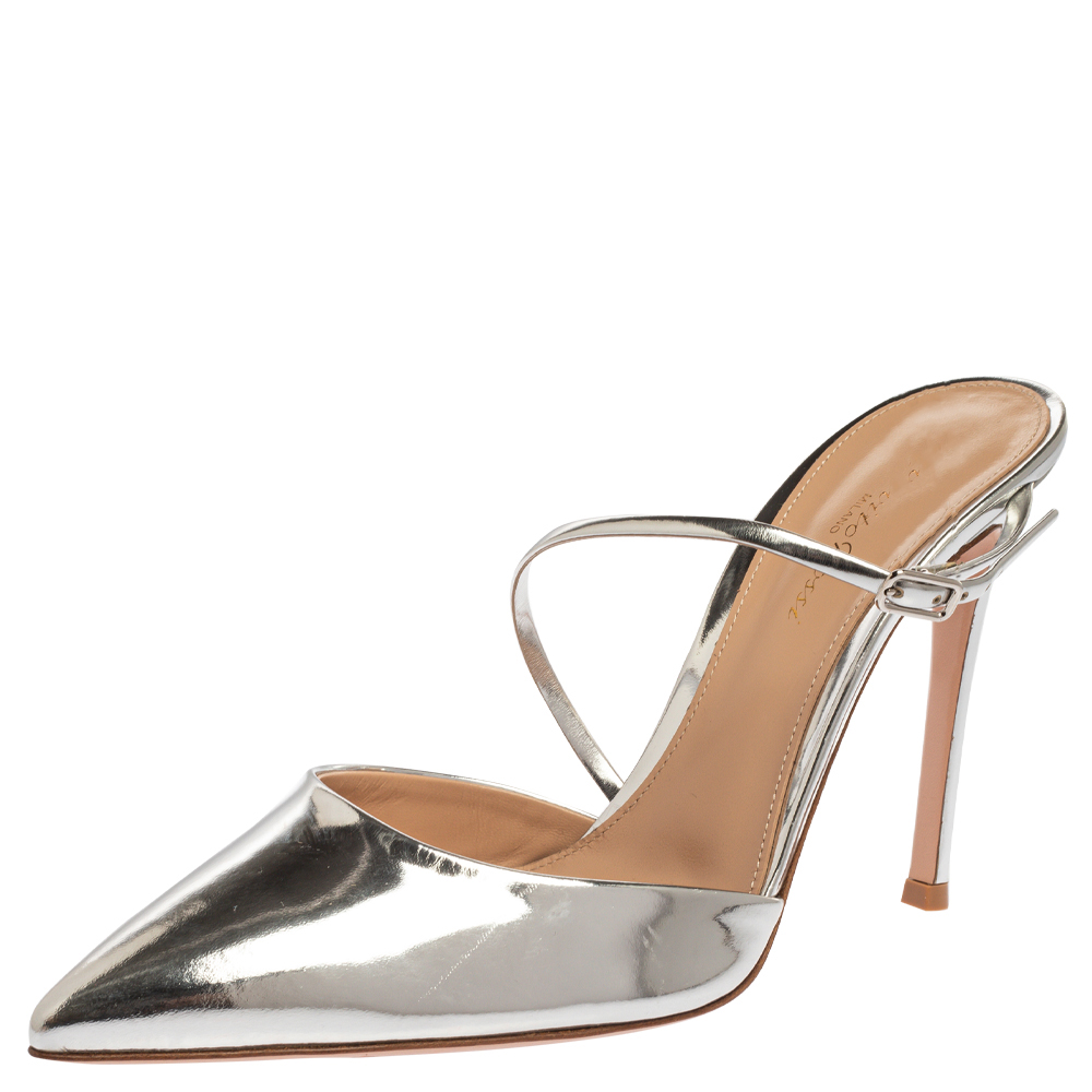 Image of Gianvito Rossi Silver Leather Manhattan Pointed Toe Ankle Strap Sandals Size .