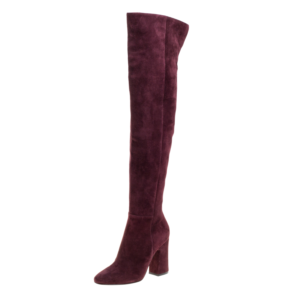 Image of Gianvito Rossi Burgundy Suede Knee High Boots Size
