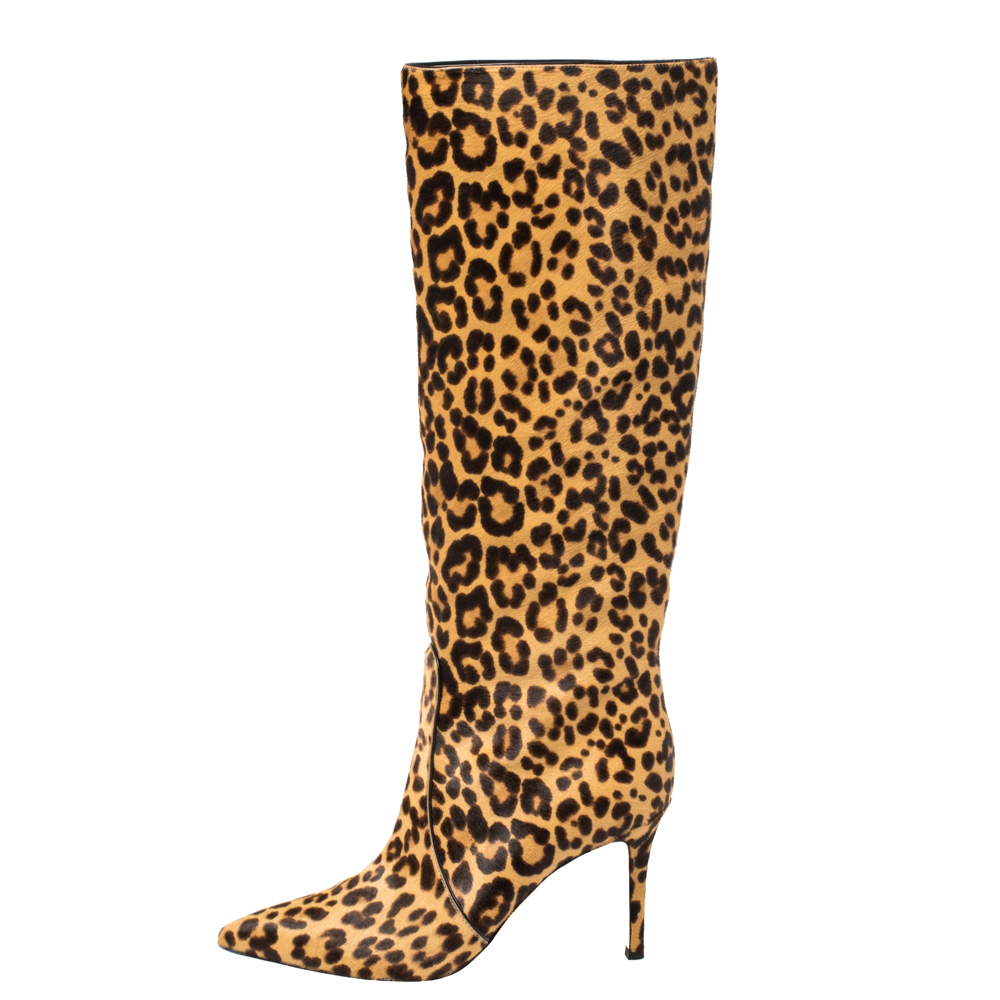 Gianvito Rossi Beige Leopard Print Calfhair Hunter Boots Size 36.5