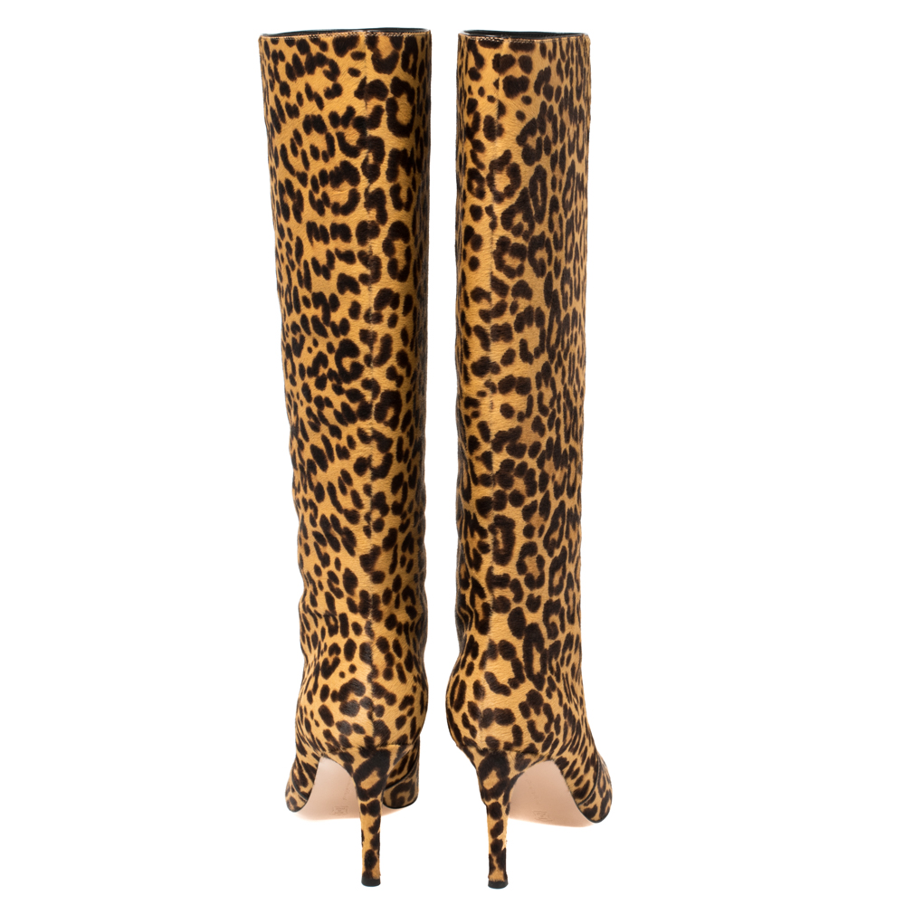 Gianvito Rossi Beige Leopard Print Calfhair Hunter Boots Size 36.5