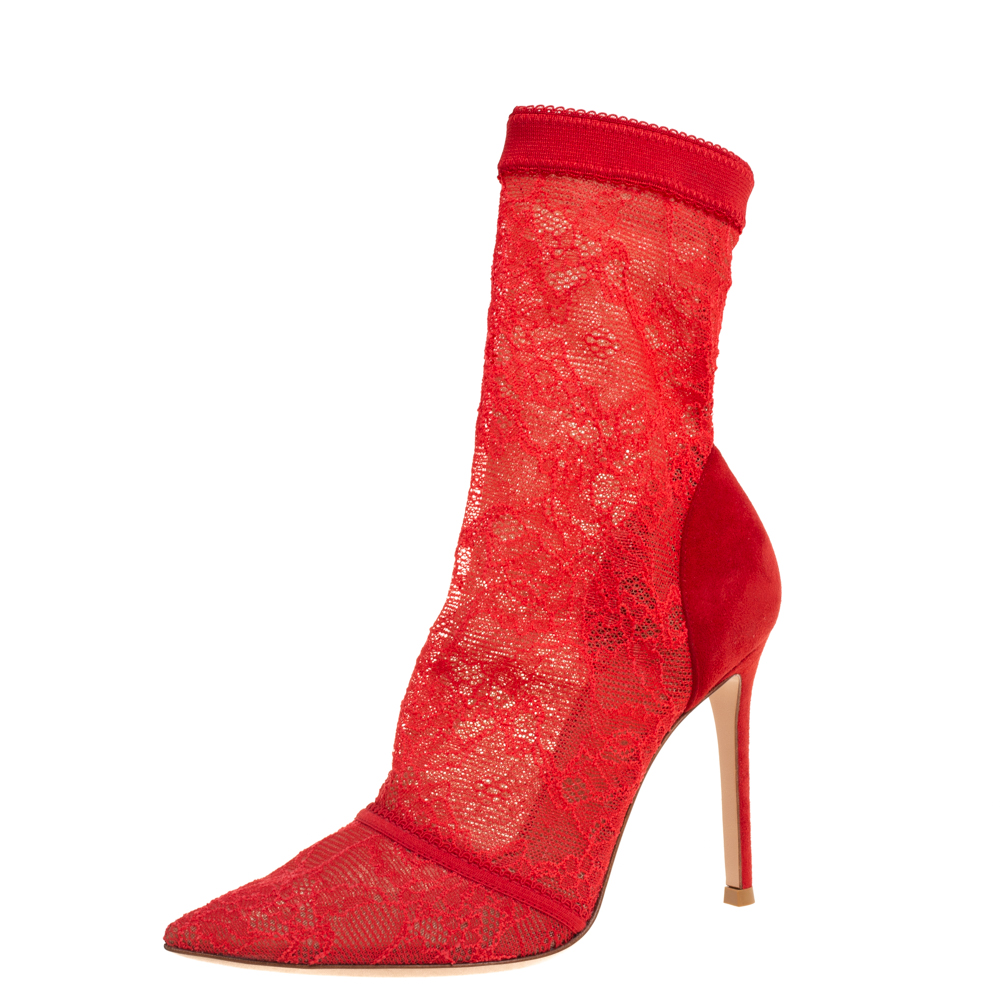 Gianvito Rossi Red Suede And Lace Pointed Toe Ankle Booties Size 36