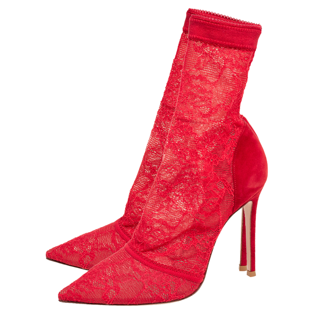 Gianvito Rossi Red Lace And Suede Pointed Toe Booties Size 38