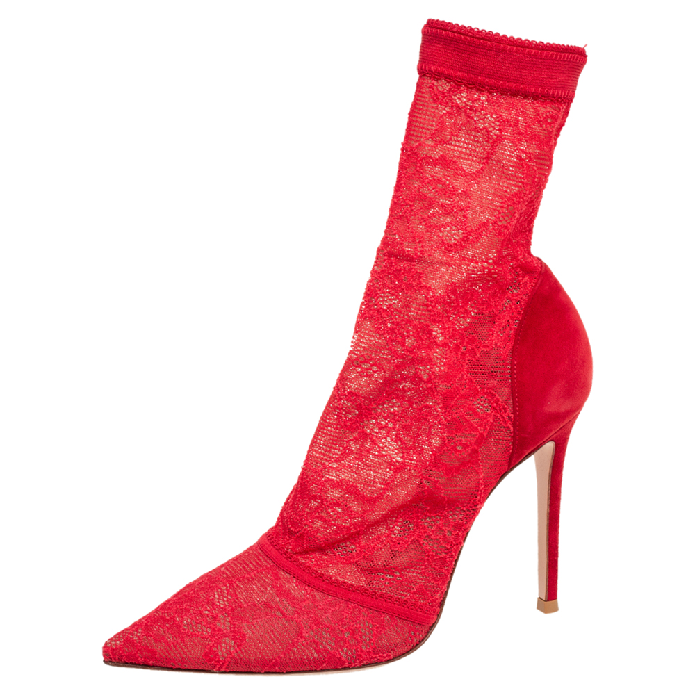 Gianvito Rossi Red Lace And Suede Pointed Toe Booties Size 38