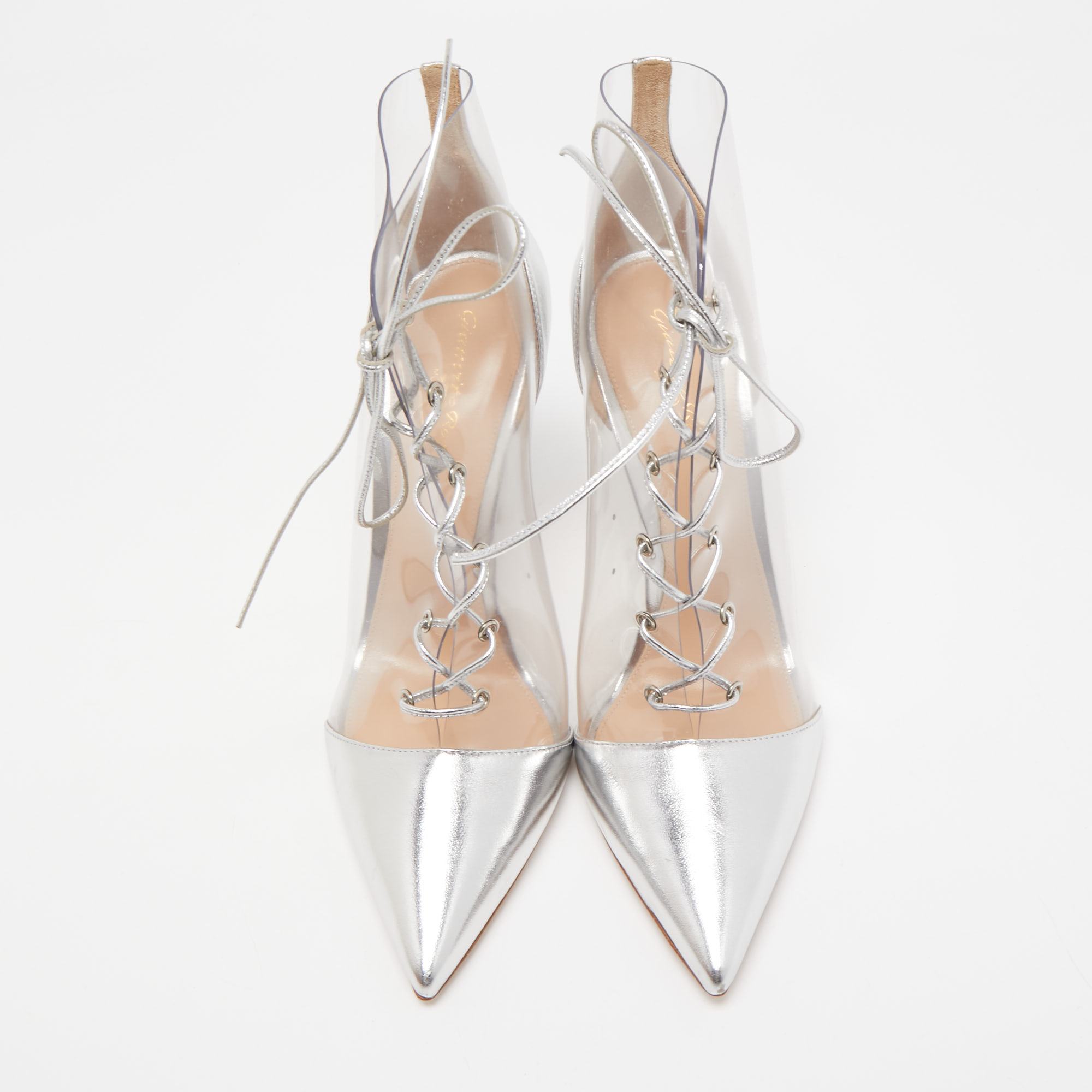 Gianvito Rossi Transparent/Silver PVC And Foil Leather Plexi Lace-Up Ankle Booties Size 40.5