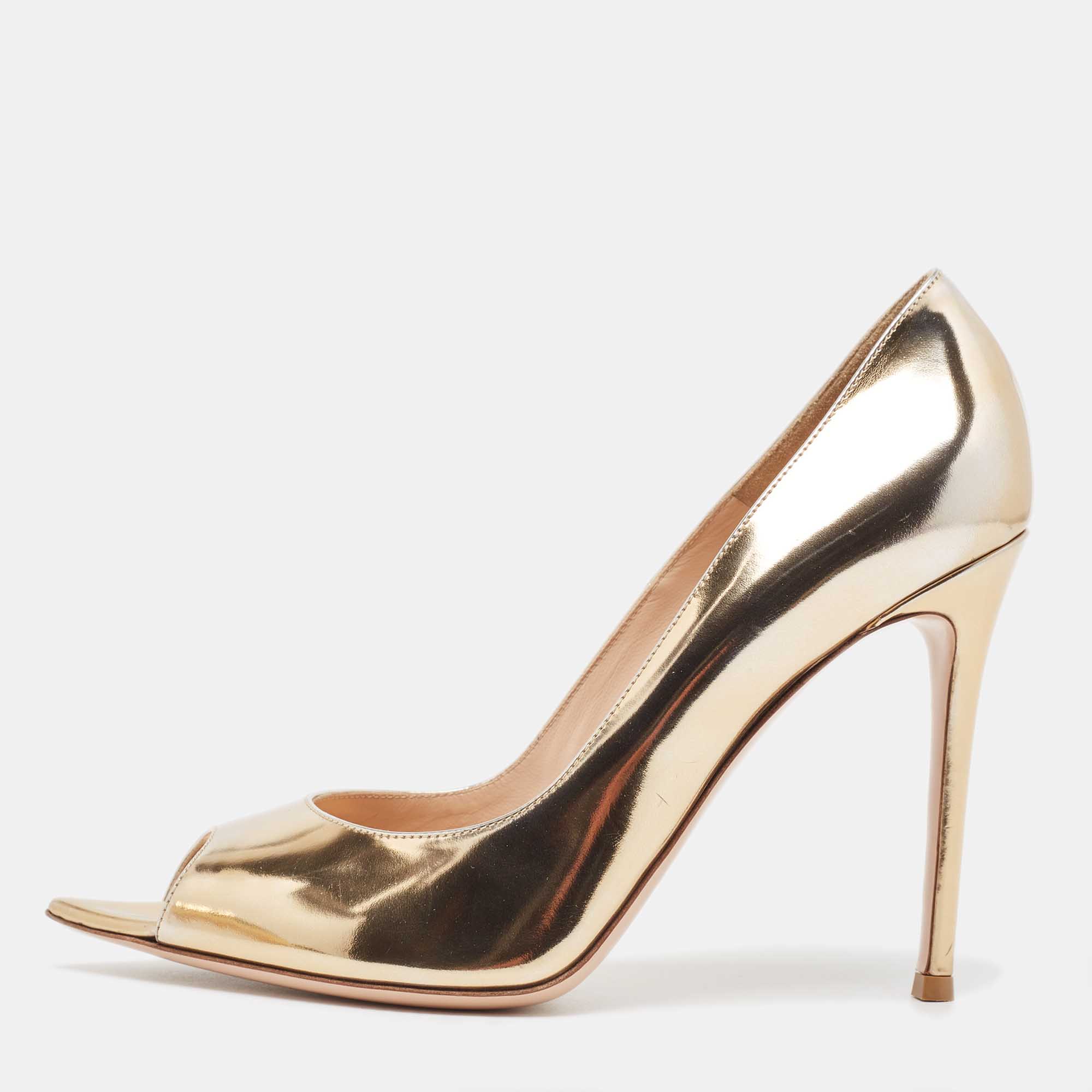 Gianvito Rossi Gold Leather Open Toe Pumps Size 41