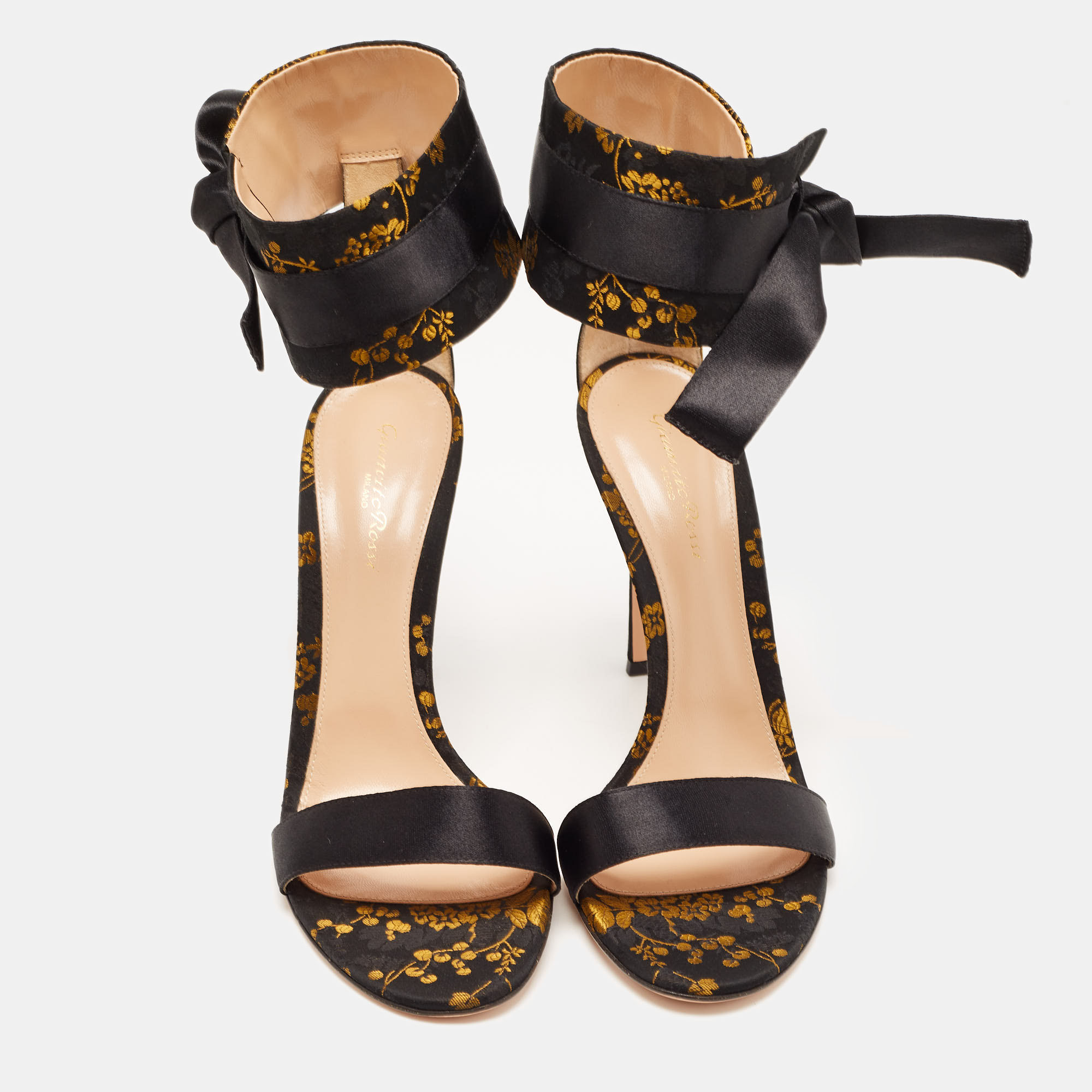 Gianvito Rossi Black/Yellow Jacquard Fabric Ankle Strap Open Toe Sandals Size 42