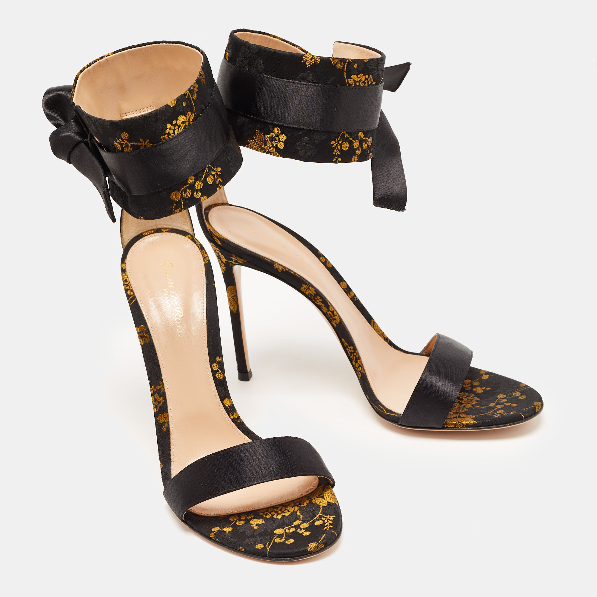 Gianvito Rossi Black/Yellow Jacquard Fabric Ankle Strap Open Toe Sandals Size 42