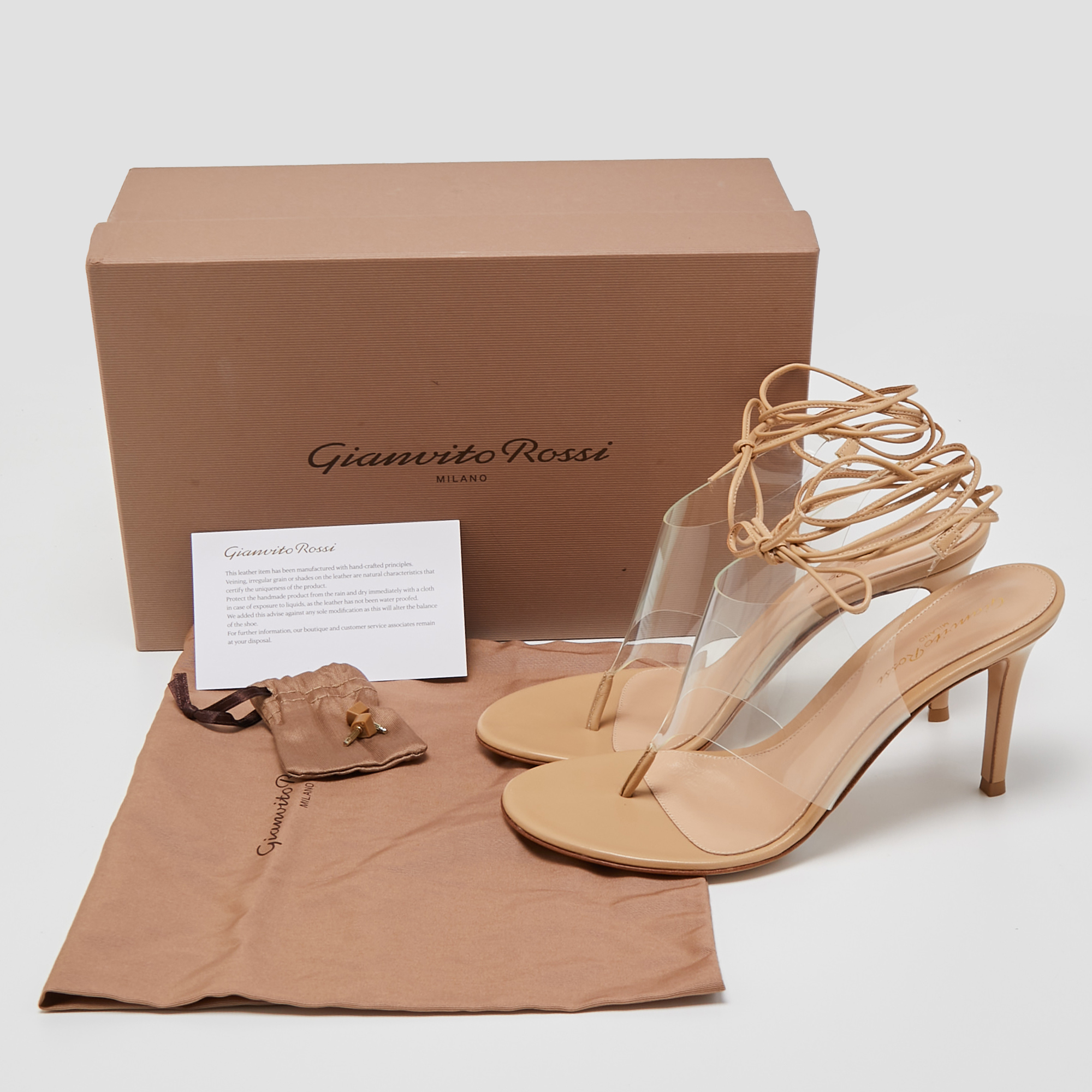 Gianvito Rossi Beige Leather And PVC  Ankle Wrap Sandals Size 37.5