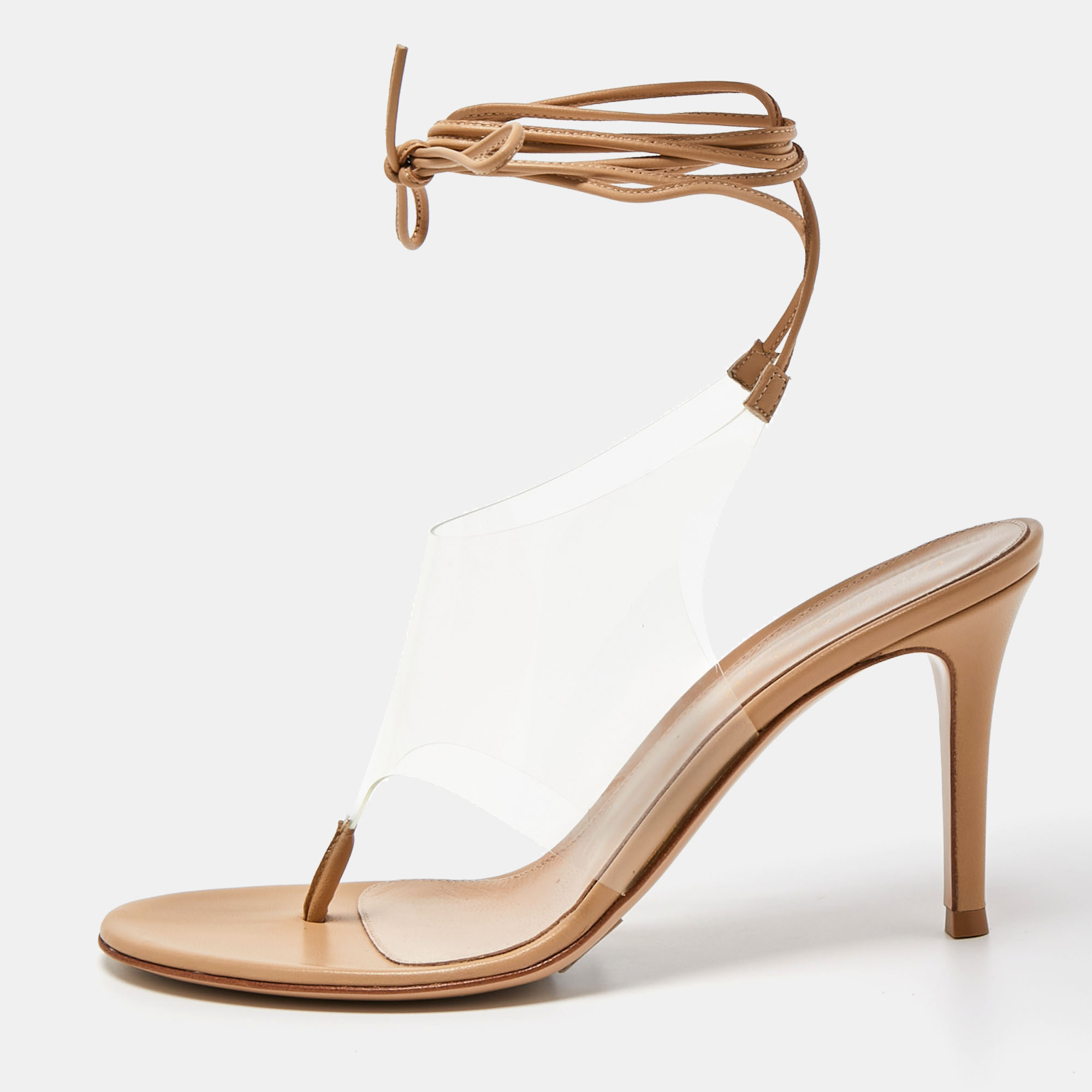 Gianvito Rossi Beige Leather And PVC  Ankle Wrap Sandals Size 37.5