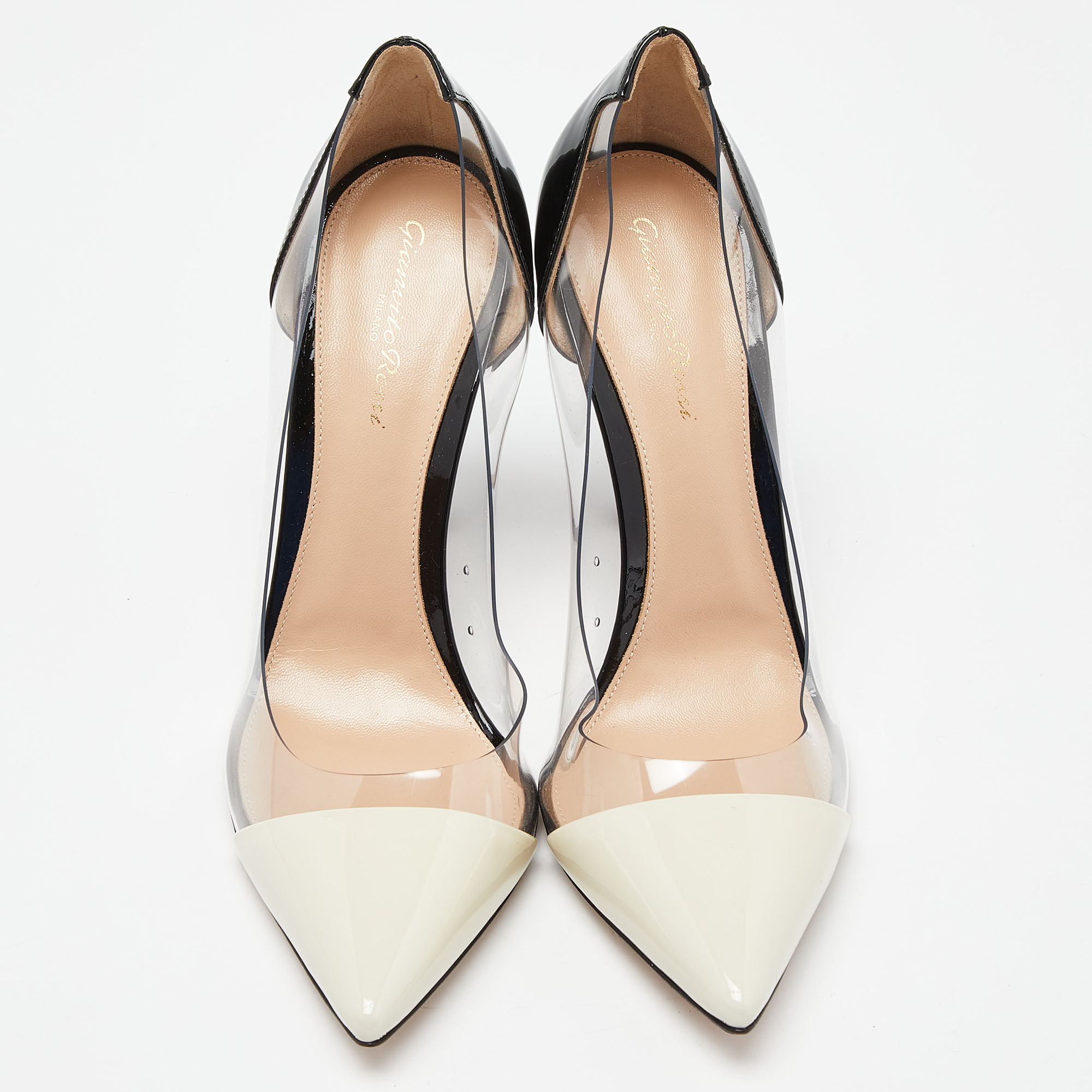 Gianvito Rossi White/Black Patent Leather And PVC Plexi Pointed Toe Pumps Size 40