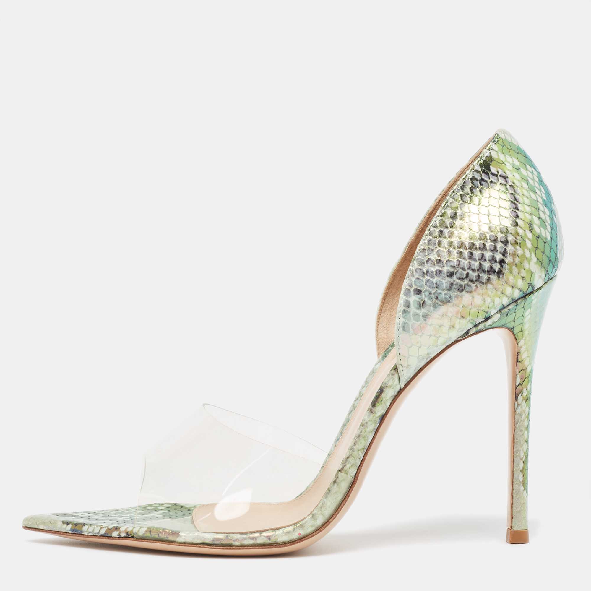 

Gianvito Rossi Metallic Embossed Snakeskin and PVC Bree Pumps Size