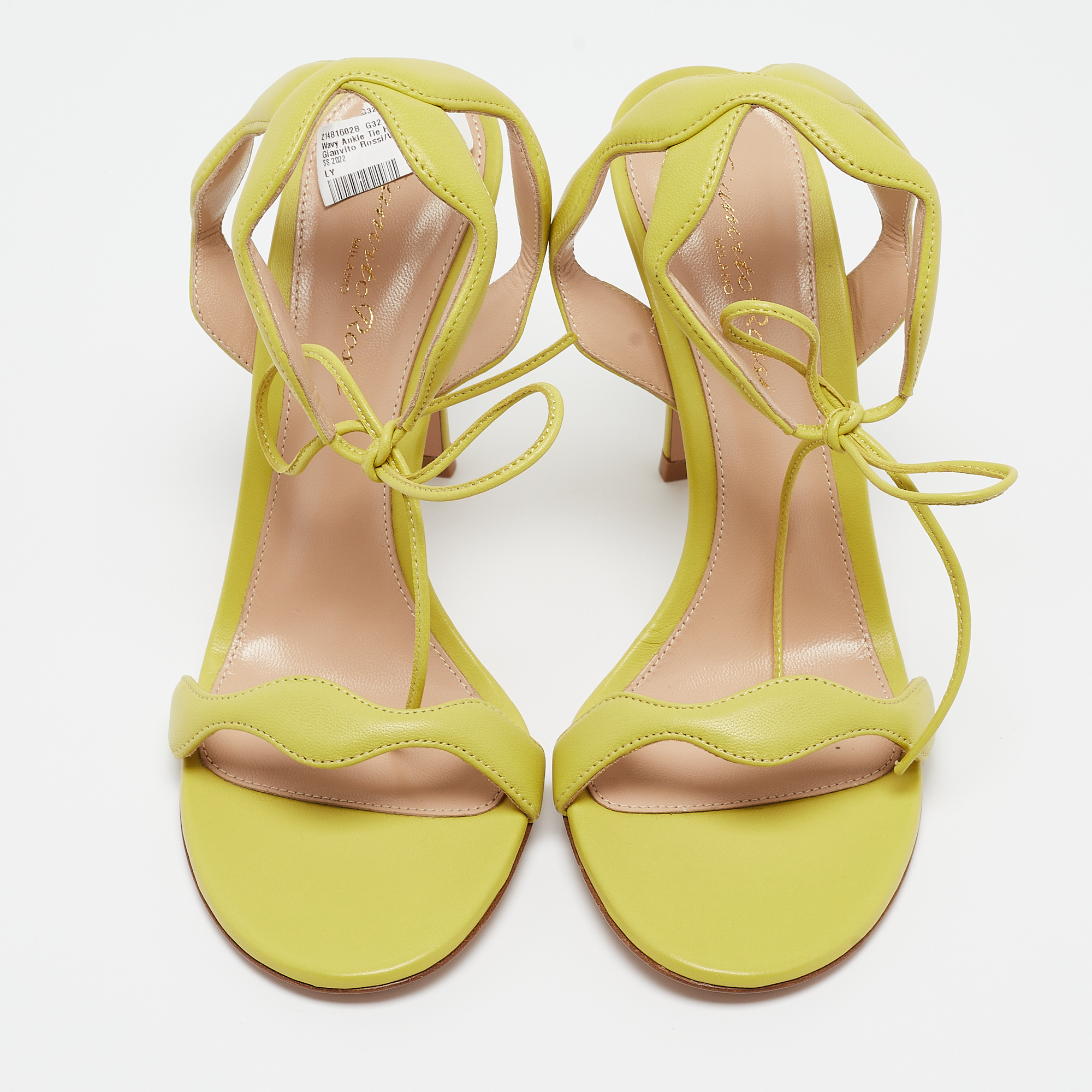 Gianvito Rossi Light Green Leather Wavy Ankle Tie Sandals Size 37