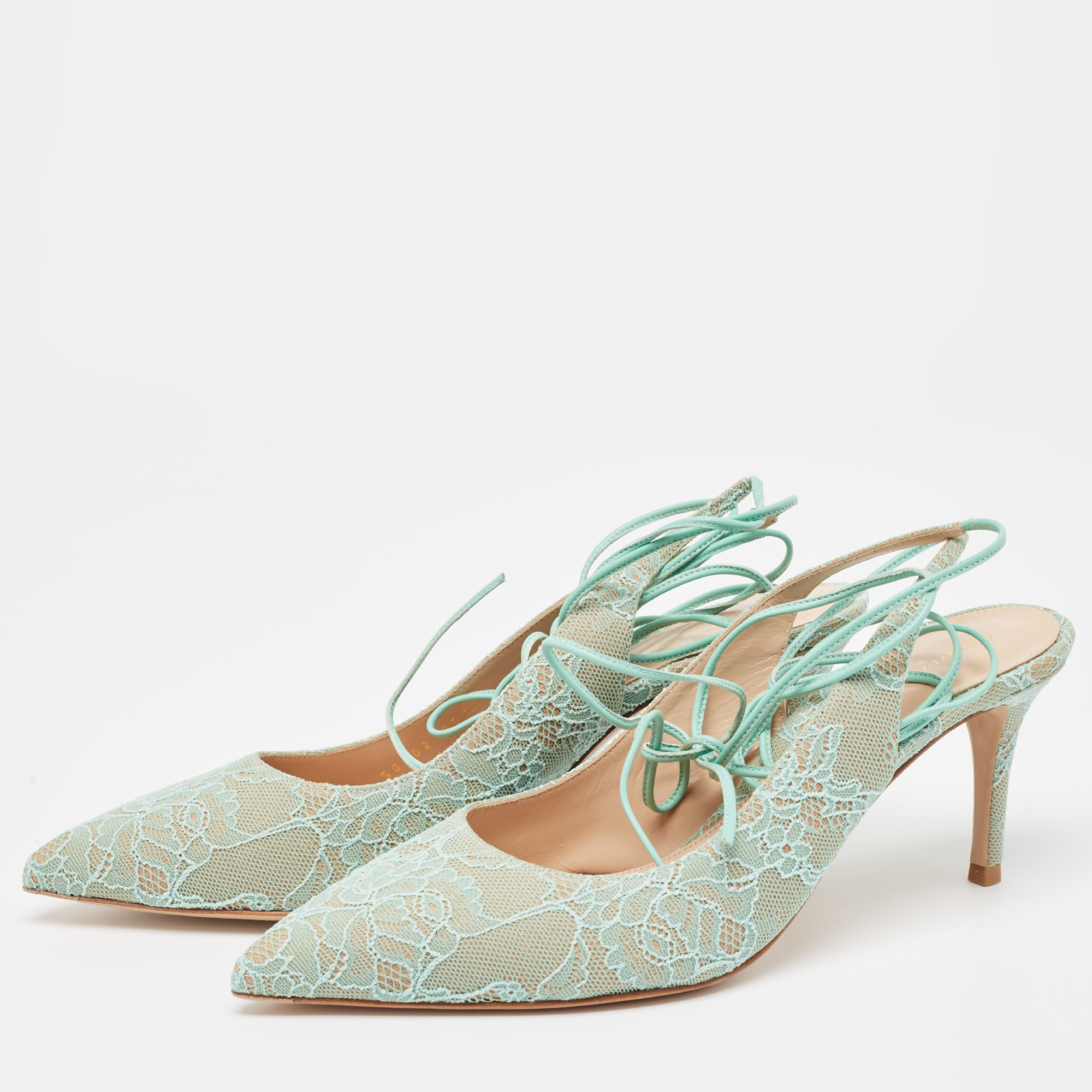 Gianvito Rossi Mint Green Lace Ankle Wrap Slingback Pumps Size 39