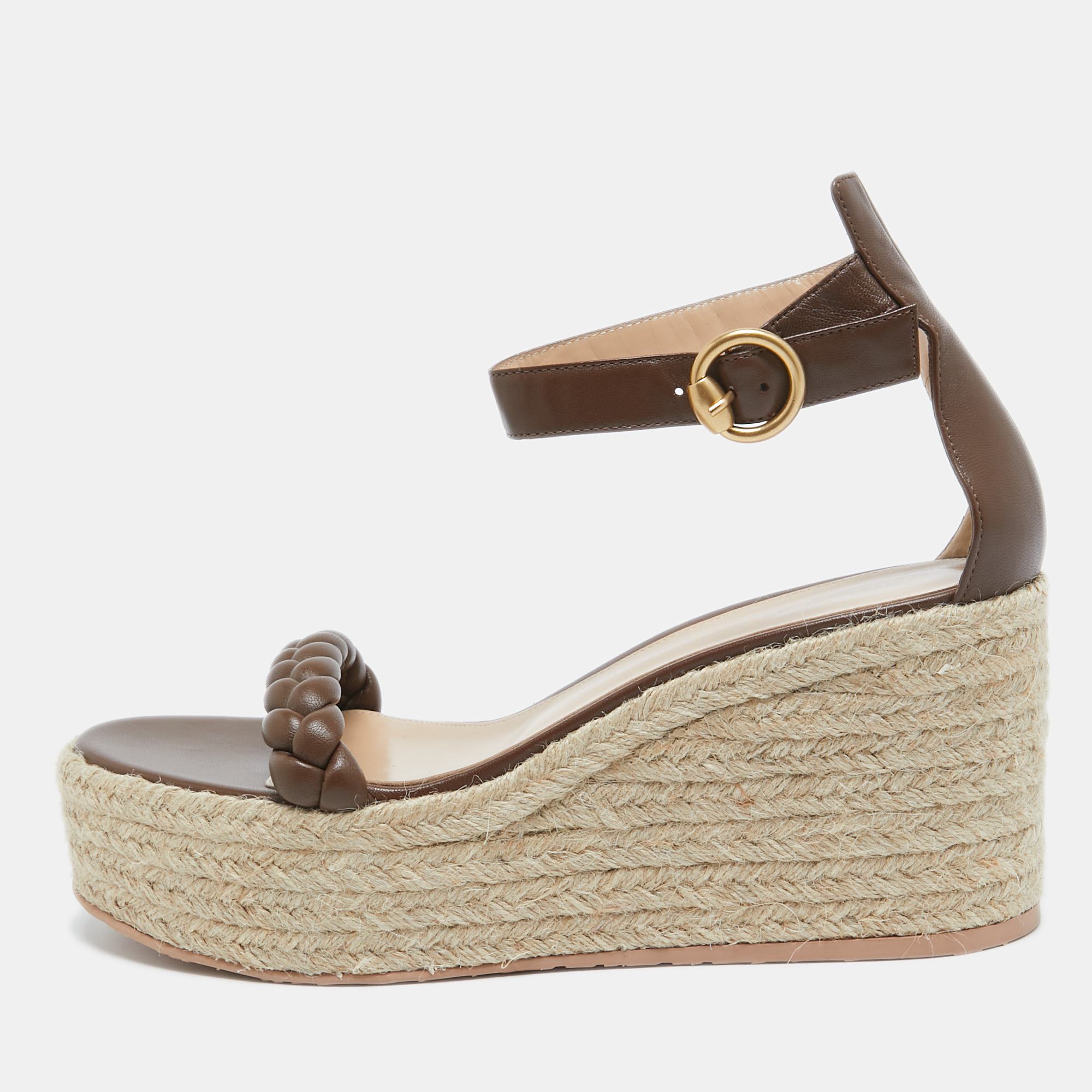 

Gianvito Rossi Brown Braided Leather Merida Wedge Espadrille Platform Ankle Strap Sandals Size