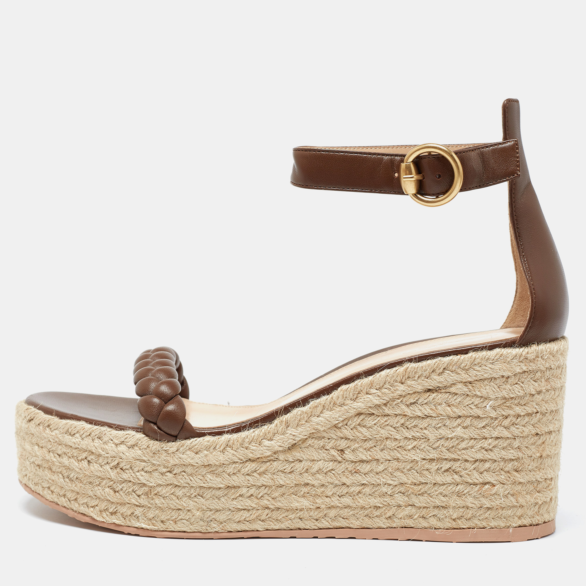 

Gianvito Rossi Brown Braided Leather Merida Wedge Espadrille Platform Ankle Strap Sandals Size