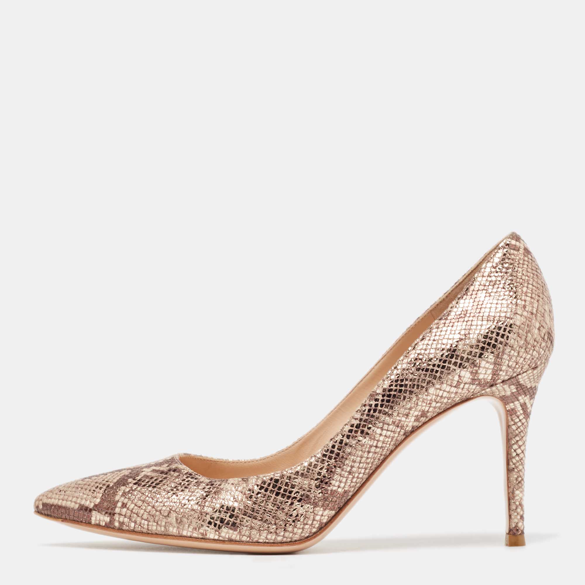 Gianvito rossi beige/brown python embossed leather pointed toe pumps size 39