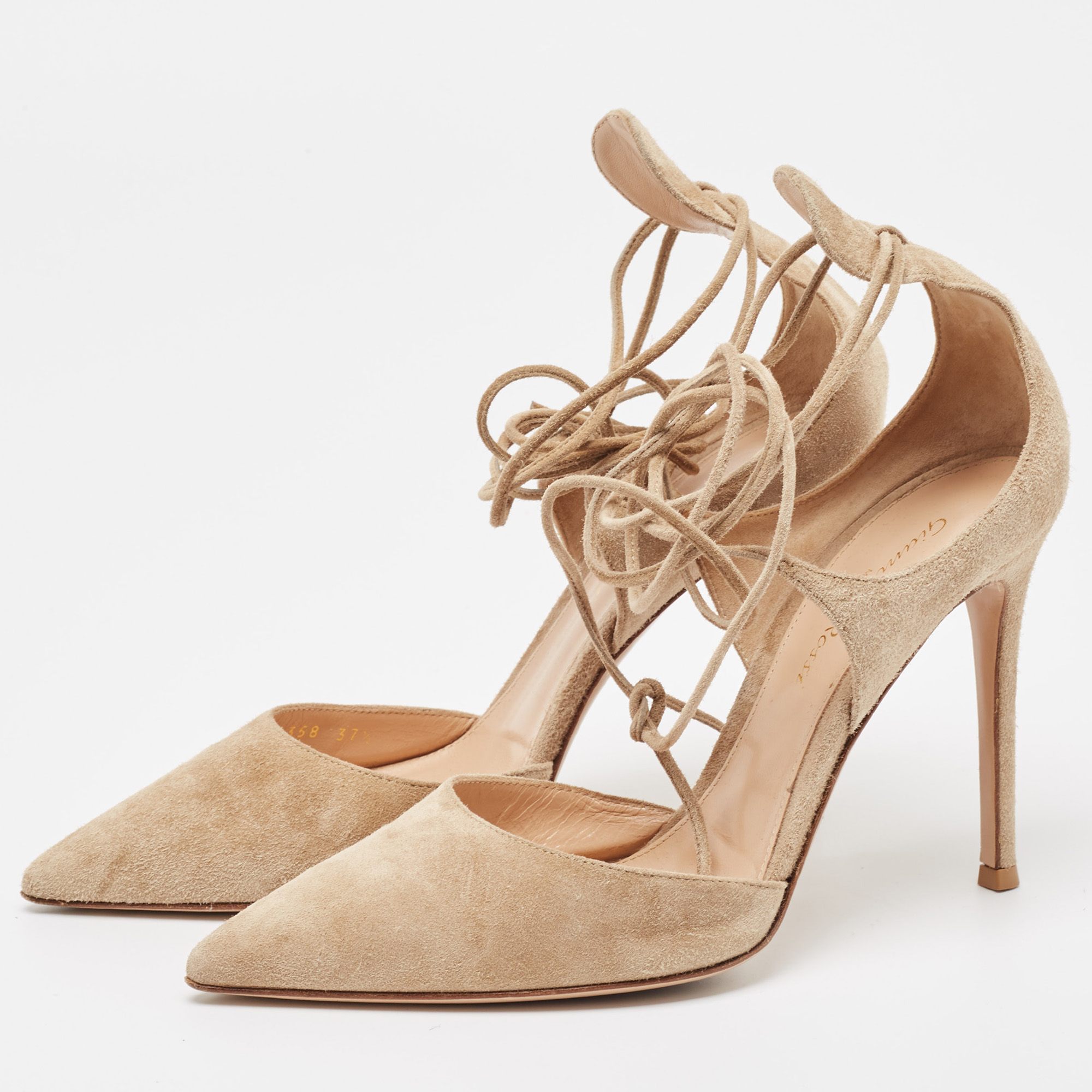 Gianvito Rossi Beige Suede Ankle Tie Pumps Size 37.5