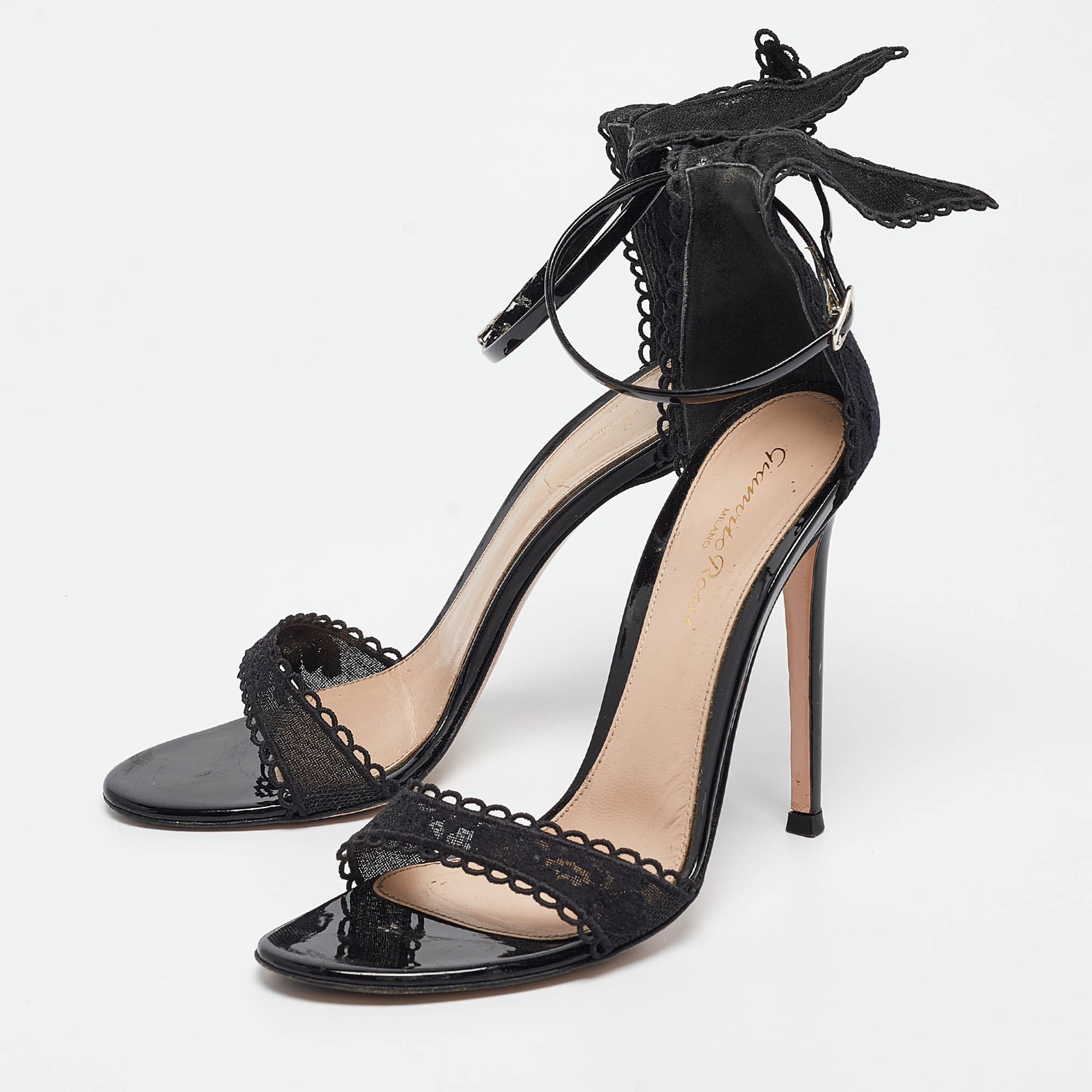 Gianvito Rossi Black Lace Bunny Ear Ankle Strap Sandals Size 38