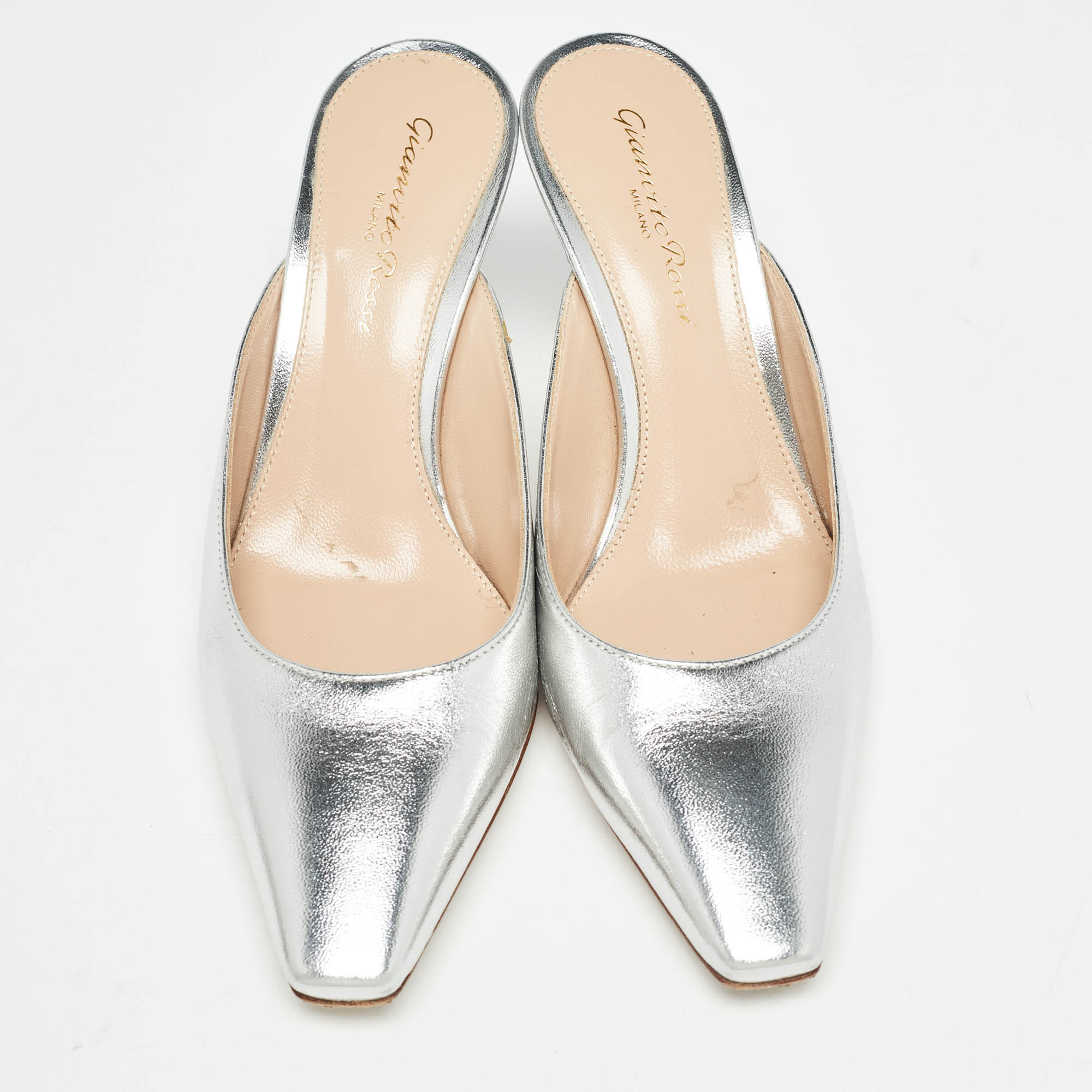 Gianvito Rossi Silver Leather Lindsay Mules Size 35.5