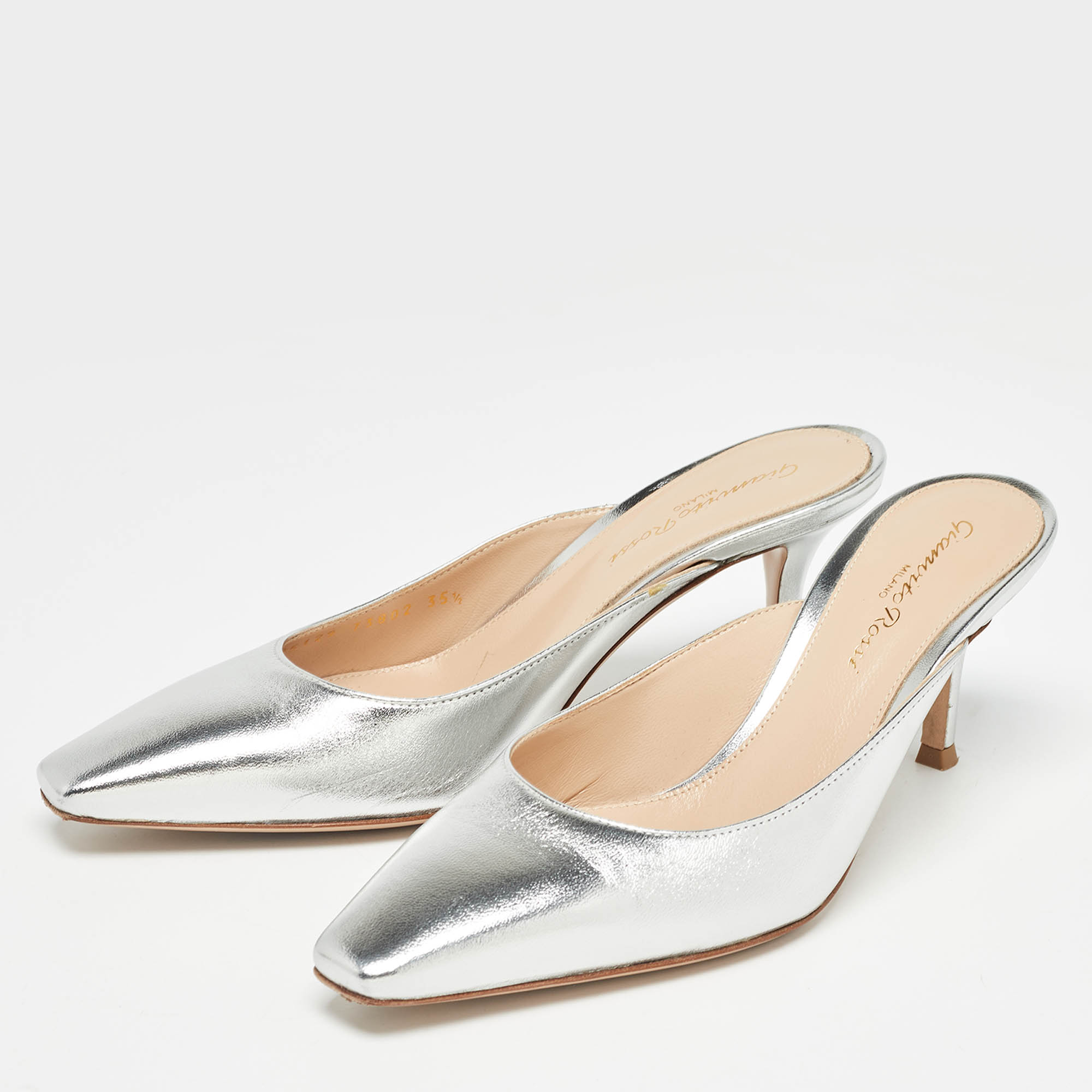 Gianvito Rossi Silver Leather Lindsay Mules Size 35.5