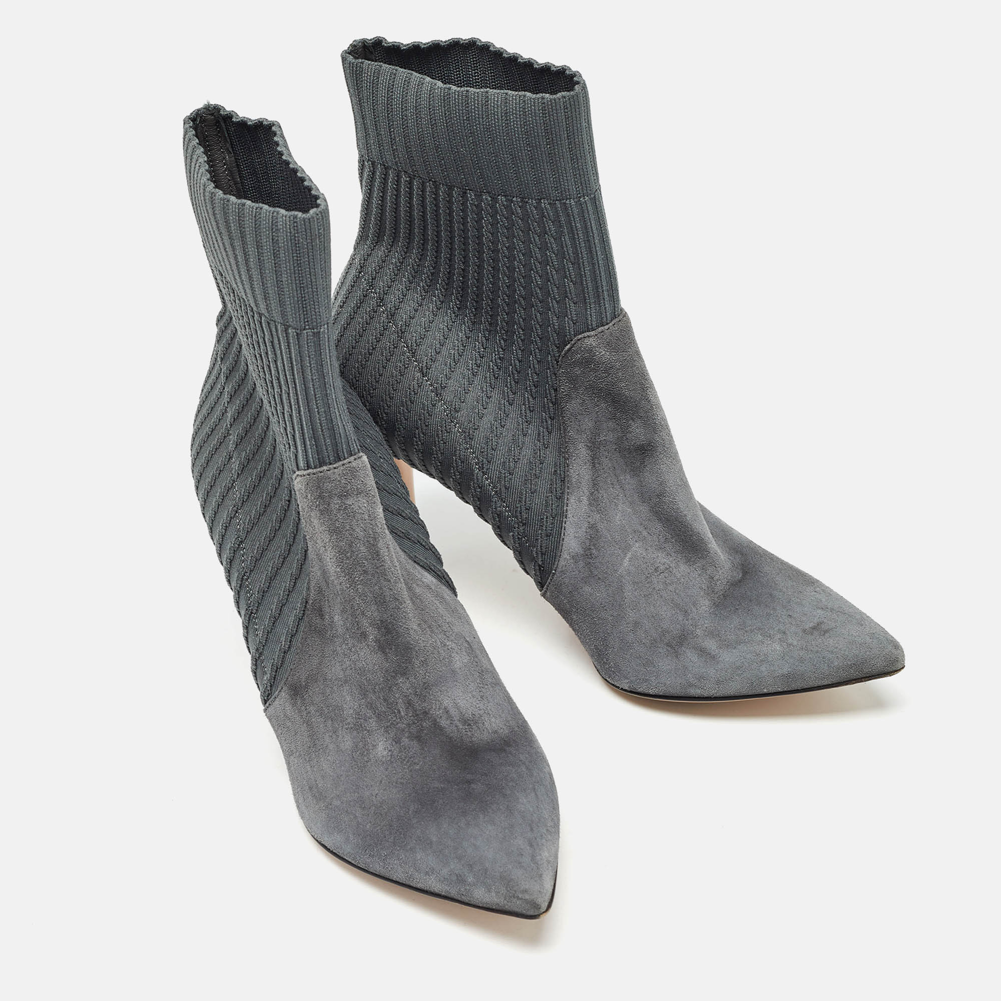 Gianvito Rossi Grey Knit Fabric And Suede Katie Ankle Boots Size 36.5