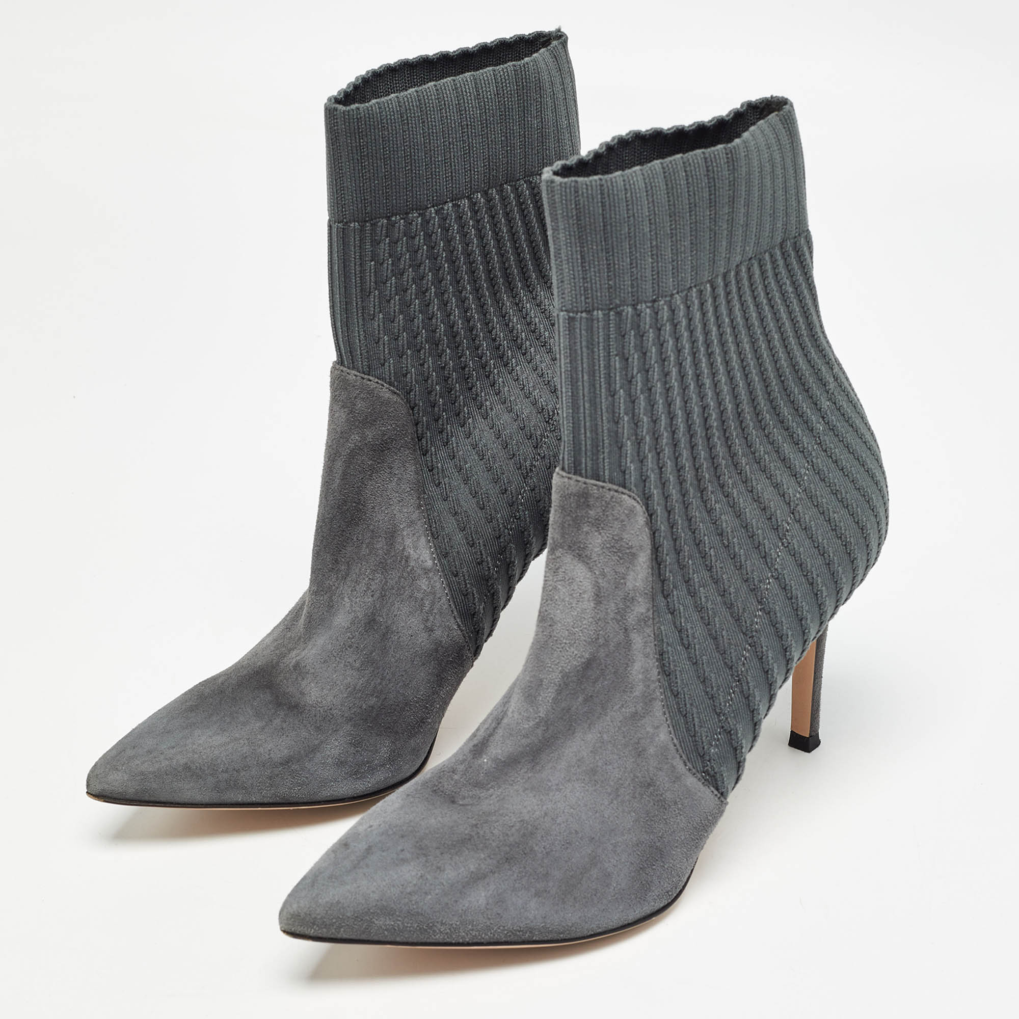 Gianvito Rossi Grey Knit Fabric And Suede Katie Ankle Boots Size 36.5