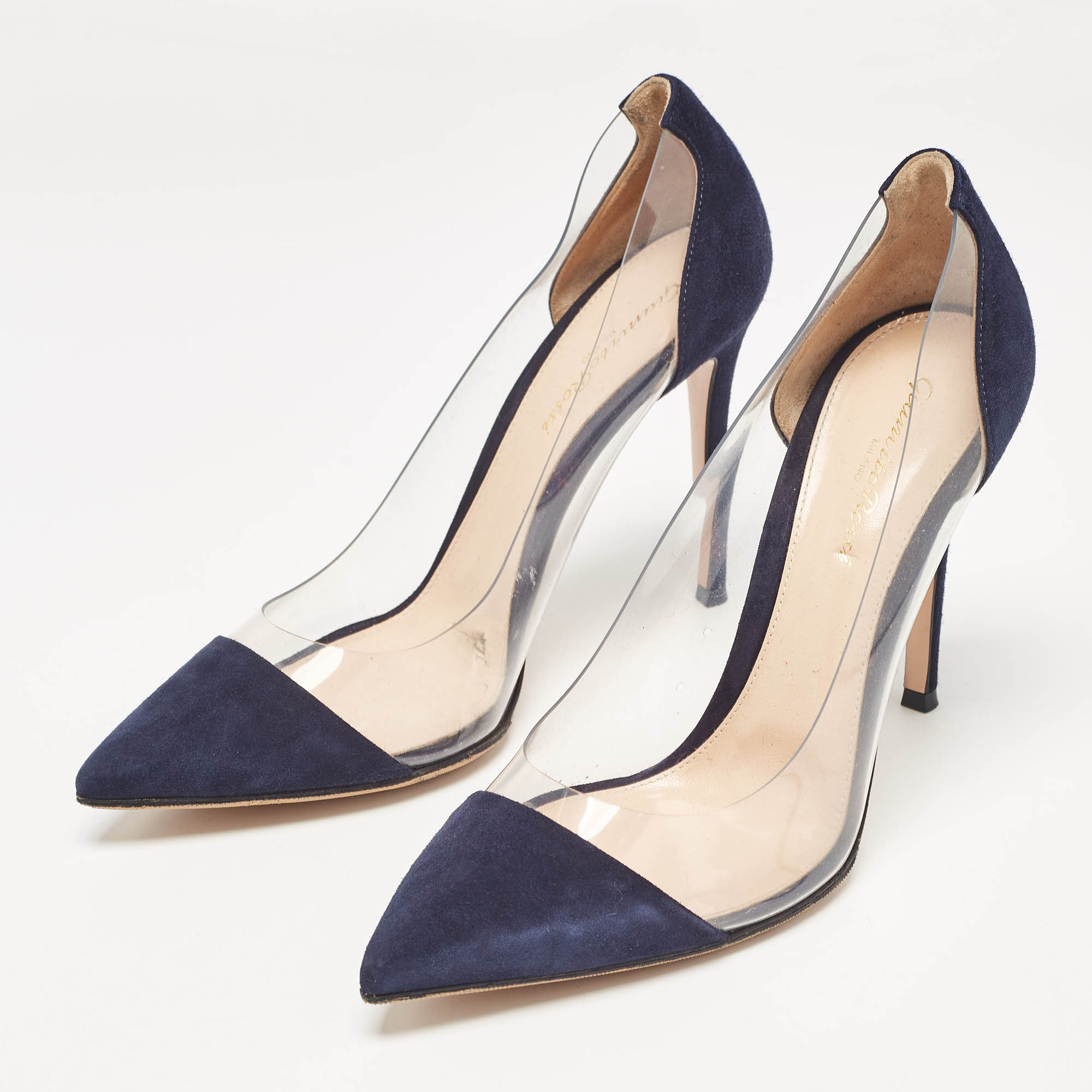 Gianvito Rossi Blue Suede And PVC Plexi Pointed Toe Pumps 39