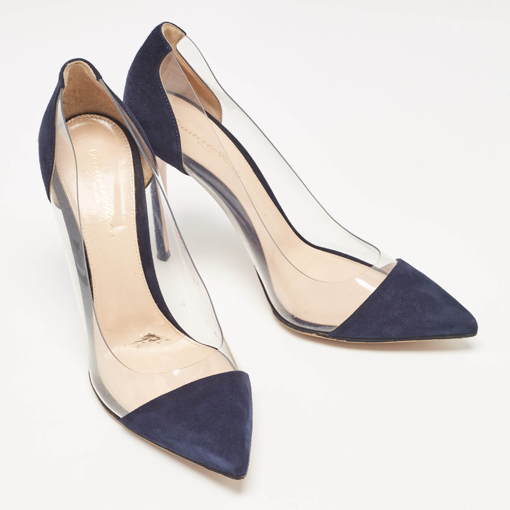 Gianvito Rossi Blue Suede And PVC Plexi Pointed Toe Pumps 39