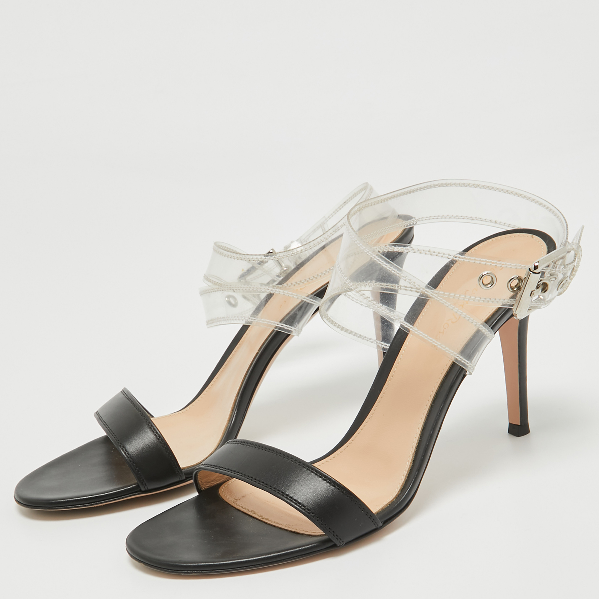 Gianvito Rossi Black Leather And PVC Ankle Strap Sandals Size 38.5