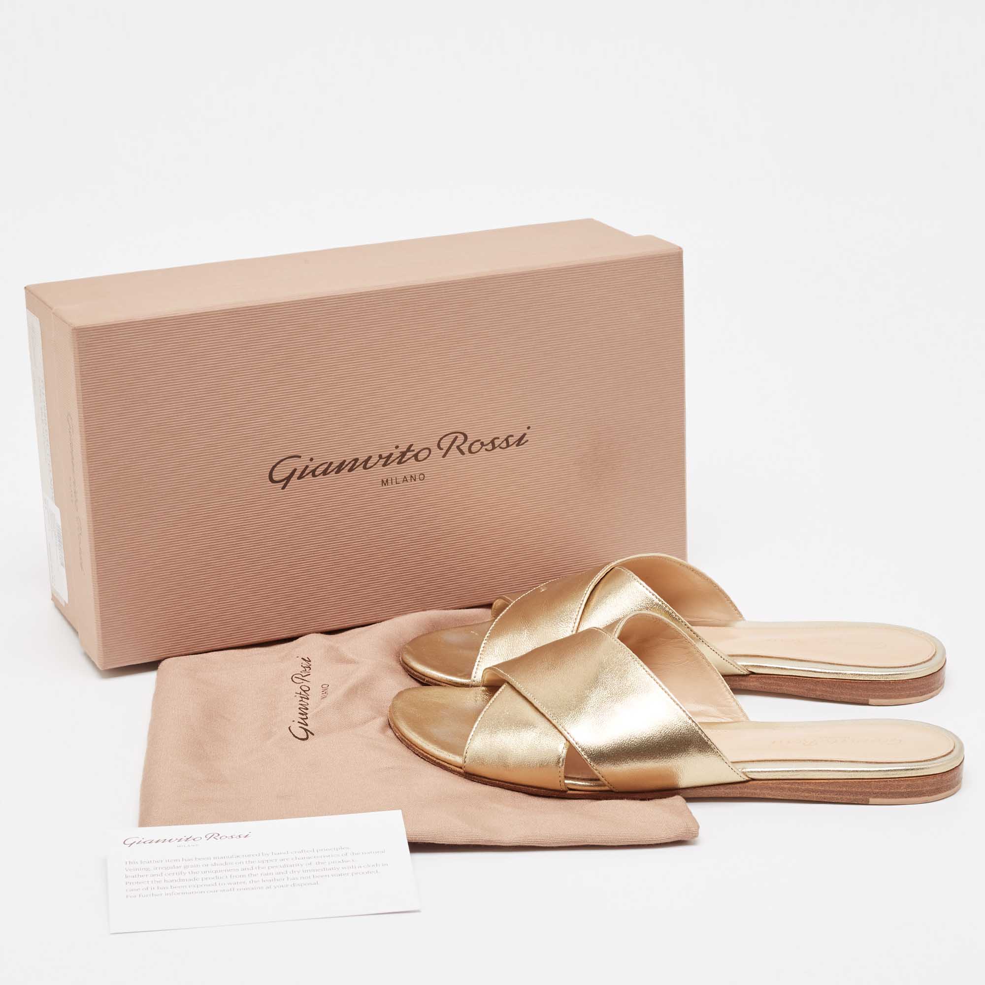 Gianvito Rossi Gold Leather Flat Slides Size 38.5