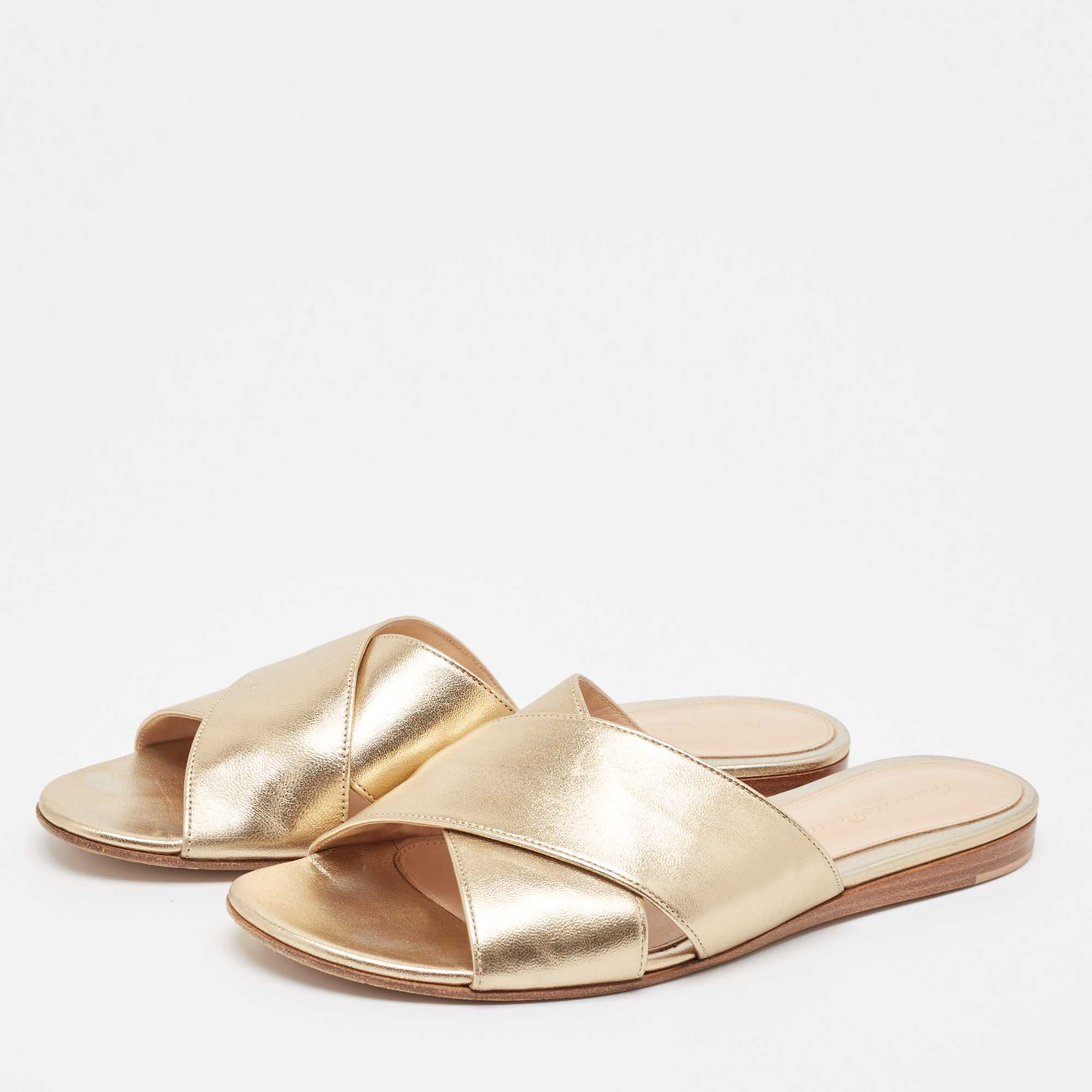 Gianvito Rossi Gold Leather Flat Slides Size 38.5