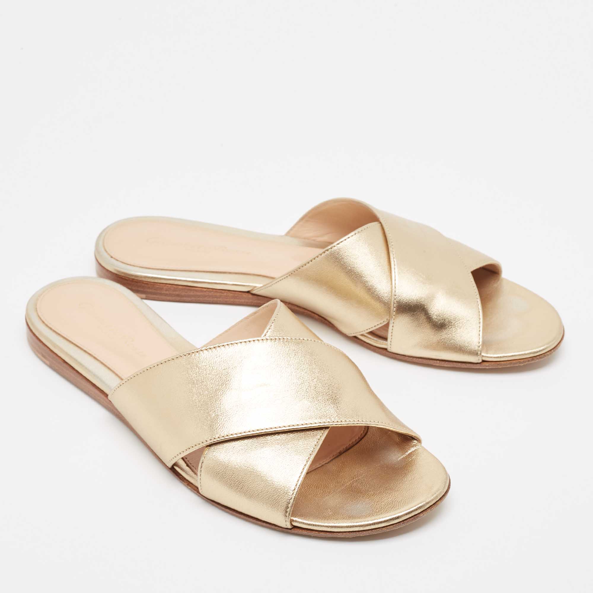 Gianvito Rossi Gold Leather Flat Slides Size 38.5