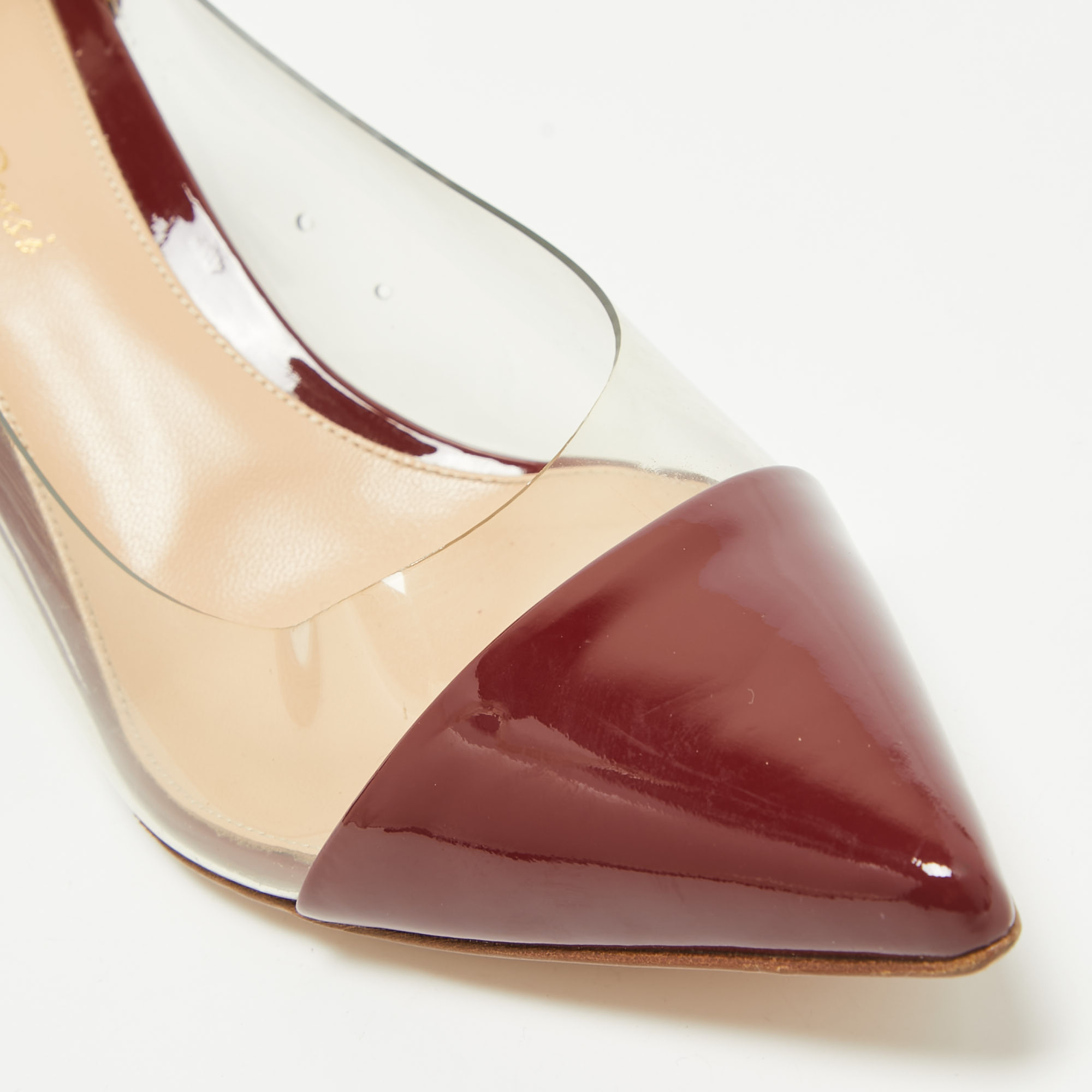 Gianvito Rossi Burgundy Patent Leather And PVC Plexi Pointed Toe Pumps Size 38.5