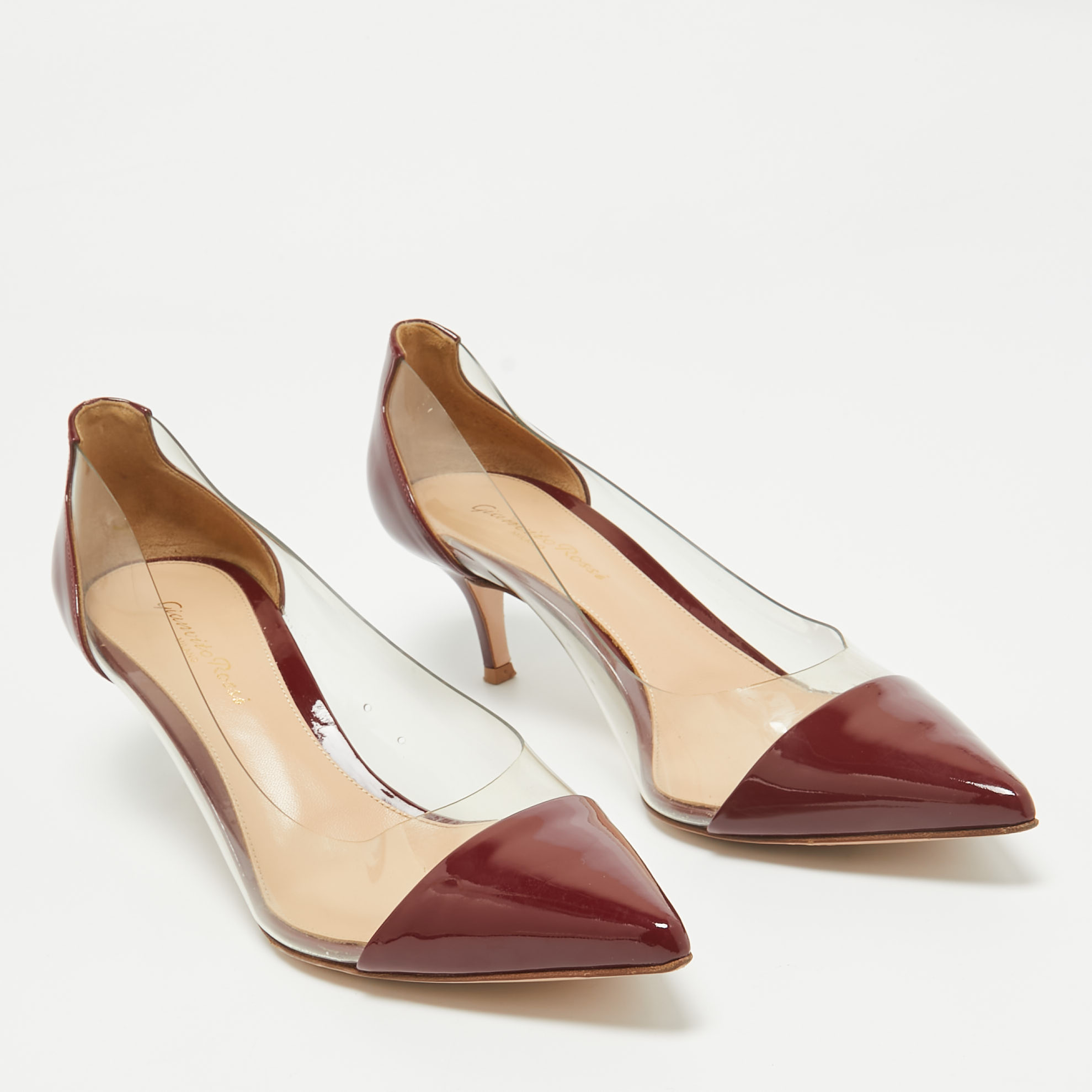 Gianvito Rossi Burgundy Patent Leather And PVC Plexi Pointed Toe Pumps Size 38.5