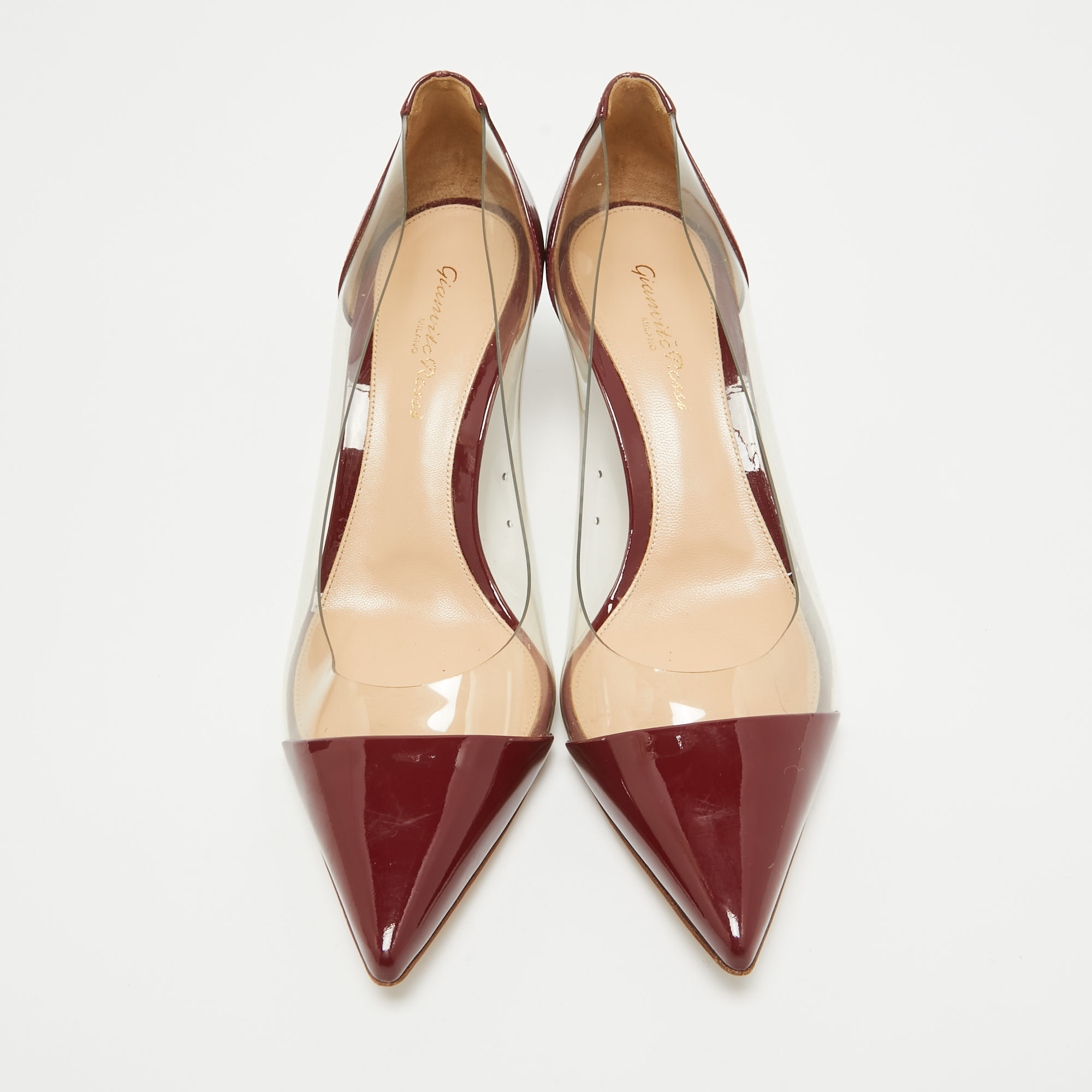 Gianvito Rossi Burgundy Patent Leather And PVC Plexi Pointed Toe Pumps Size 38.5