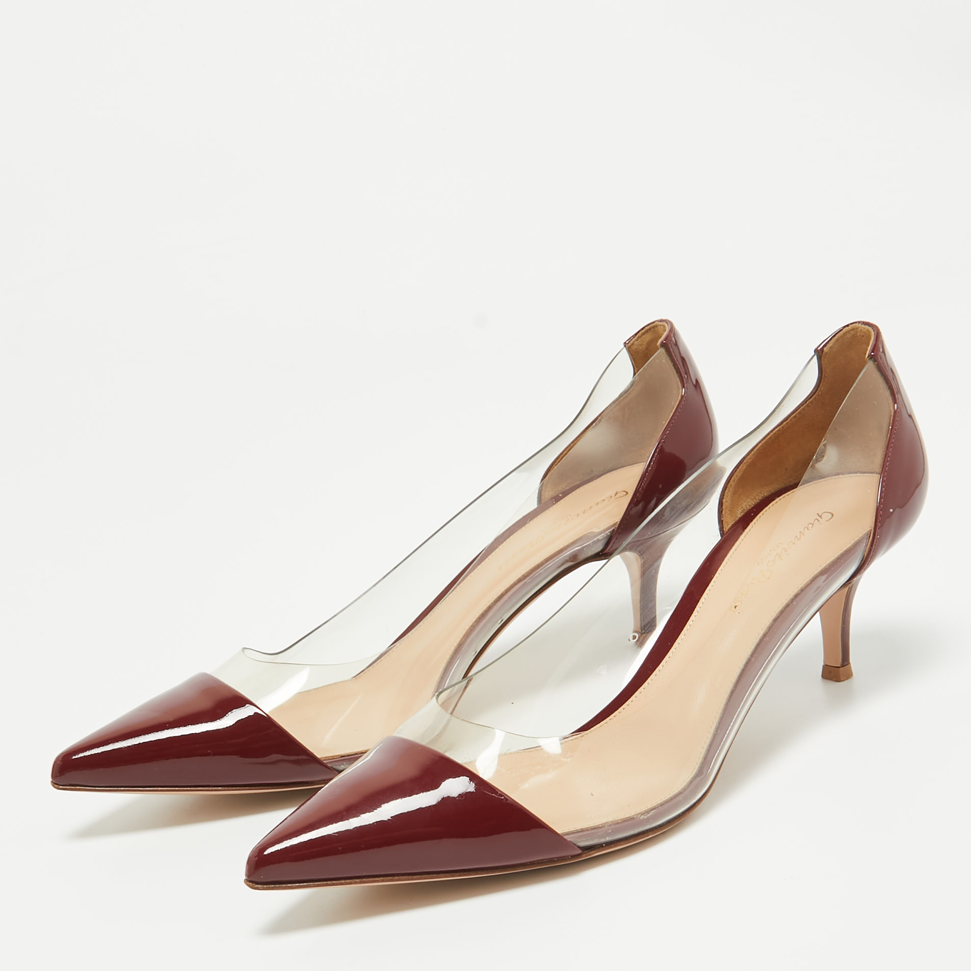 Gianvito Rossi Burgundy Patent Leather And PVC Plexi Pointed Toe Pumps Size 38.5