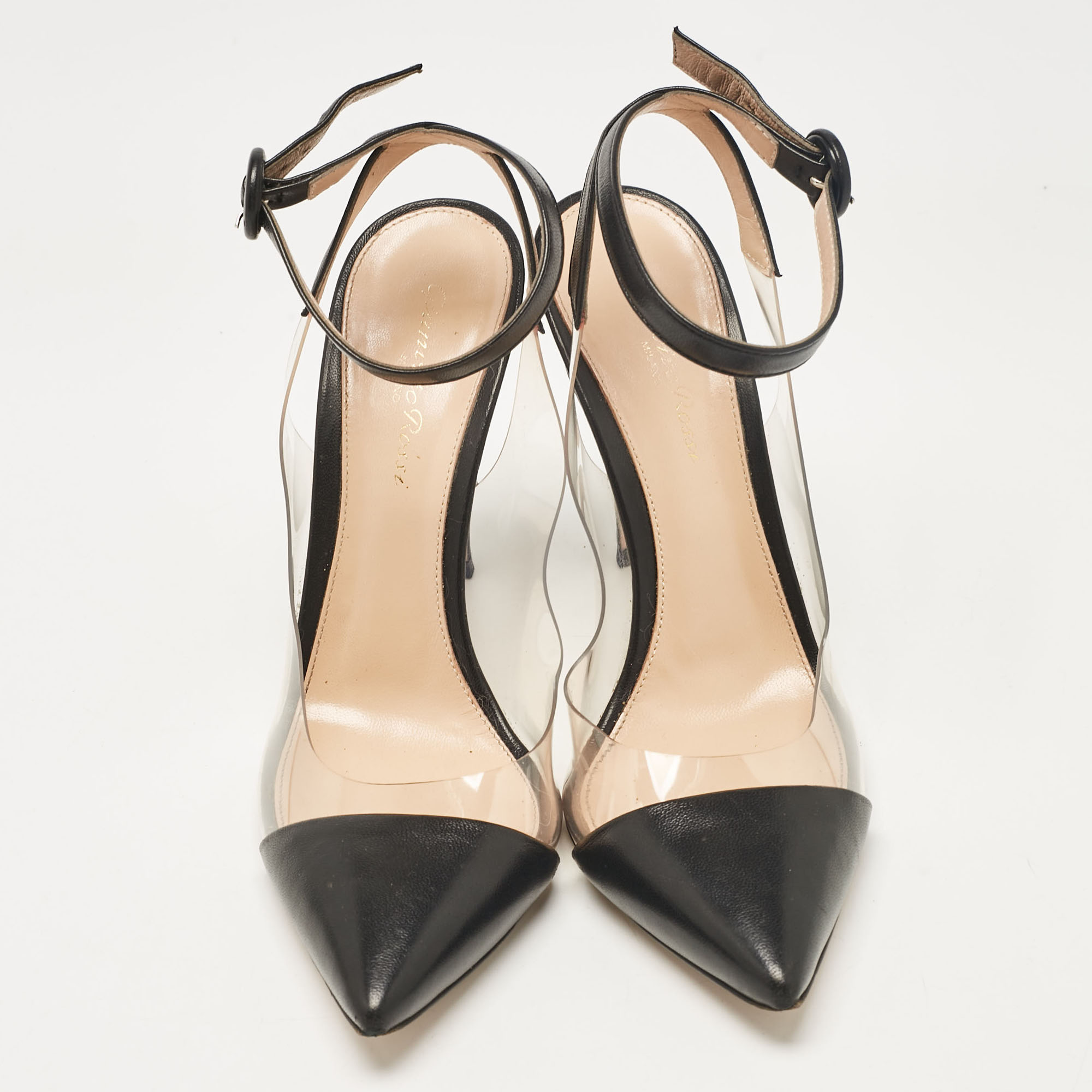 Gianvito Rossi Black Leather And PVC Anise Ankle Strap Pumps Size 38