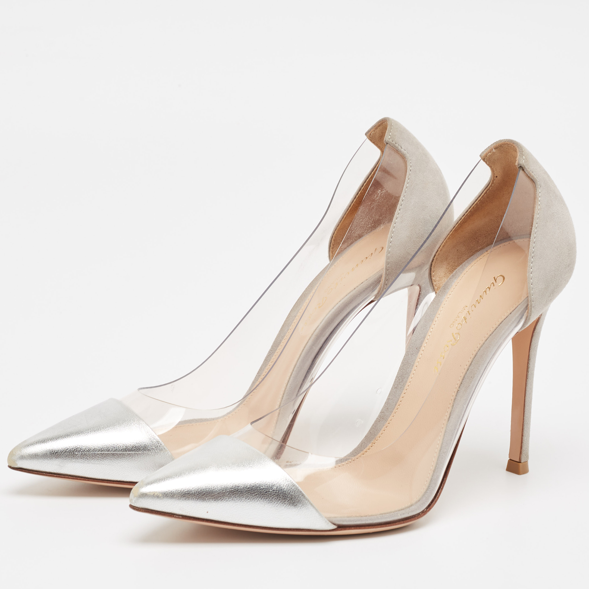 Gianvito Rossi Silver/Grey Leather And PVC Plexi Pumps Size 37