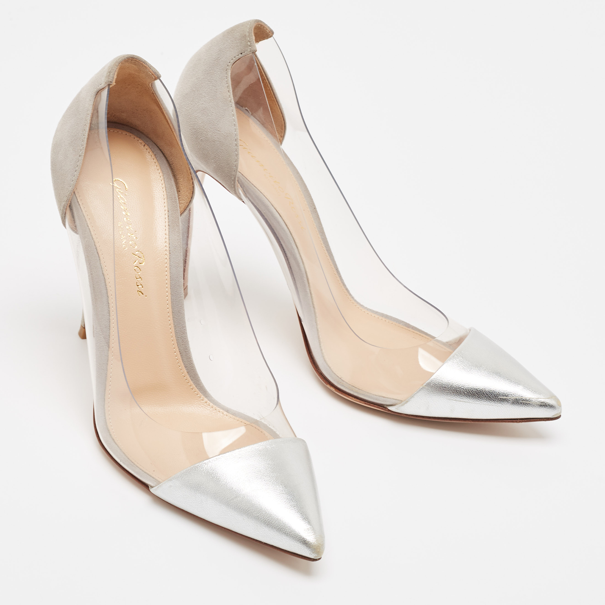 Gianvito Rossi Silver/Grey Leather And PVC Plexi Pumps Size 37