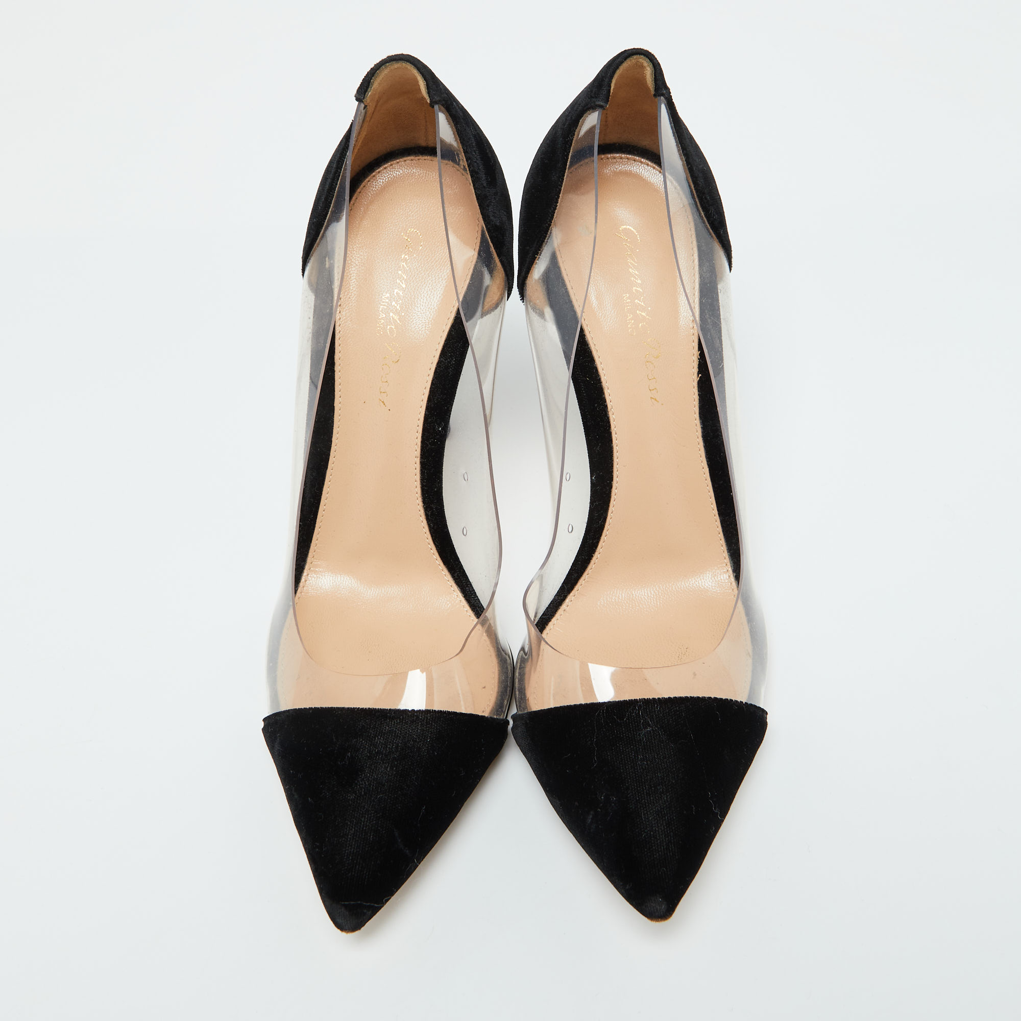 Gianvito Rossi Black Velvet And PVC Plexi Pointed Toe Pumps Size 37