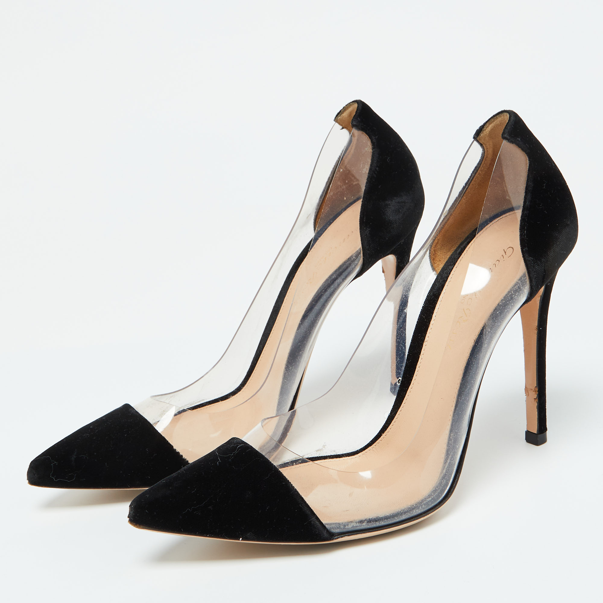 Gianvito Rossi Black Velvet And PVC Plexi Pointed Toe Pumps Size 37