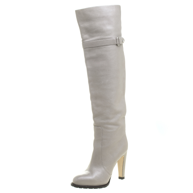 Image of Gianvito Rossi Grey Leather Knee High Boots Size